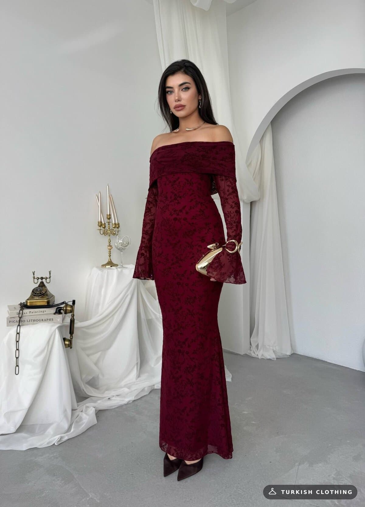 Juer Strapless Dress — Burgundy in Imported – flat lay, wholesale Women's Dresses from Türkiye