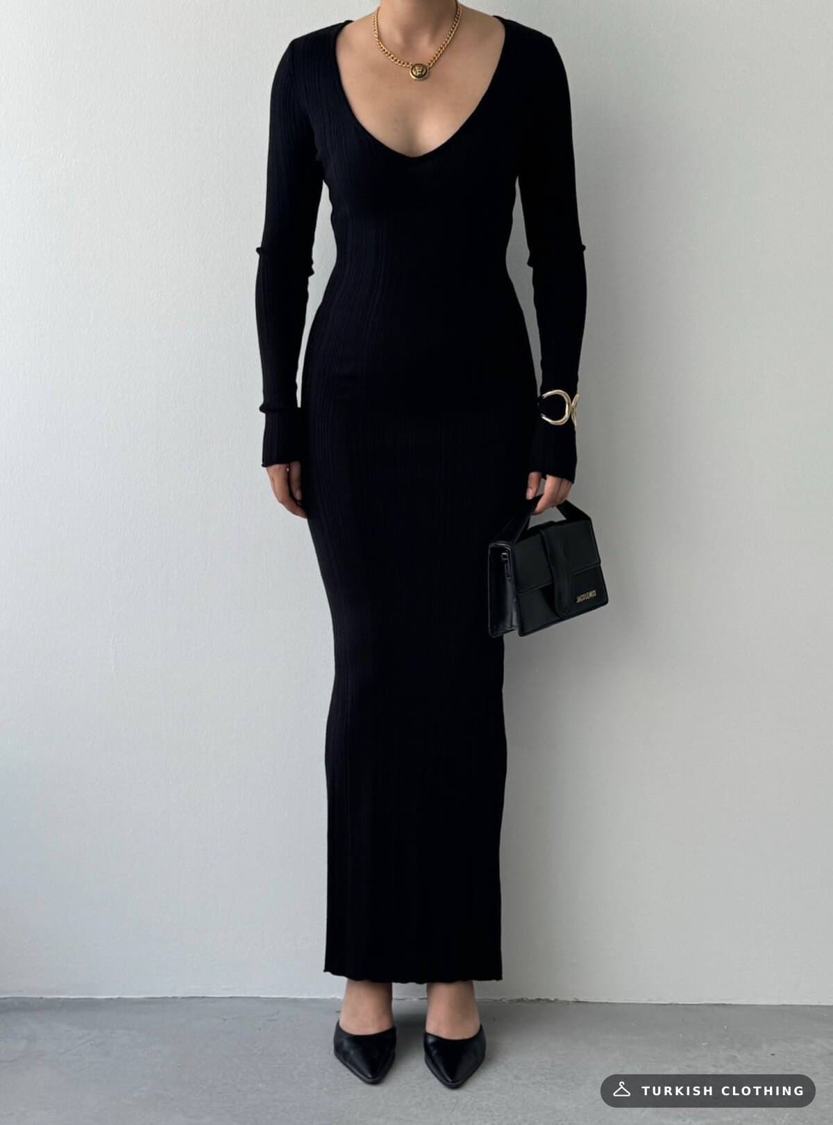 Ketas Midi Dress — Black in Acrylic – back view, wholesale Women's Dresses from Türkiye