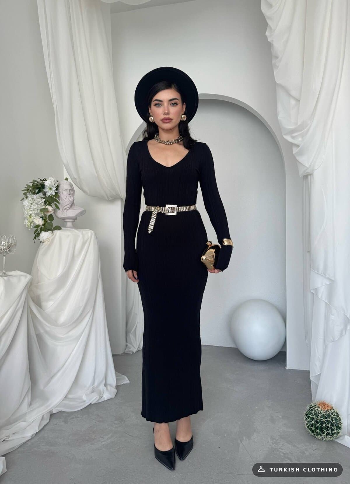 Ketas Midi Dress — Black in Acrylic – full-length view, wholesale Women's Dresses from Türkiye