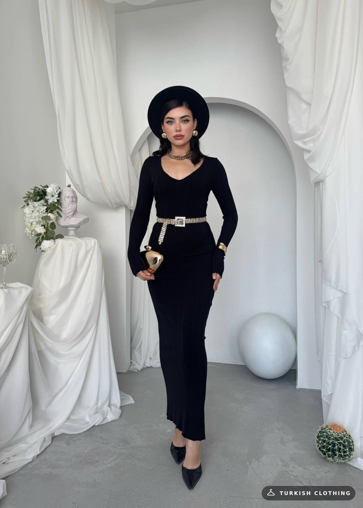 Ketas Midi Dress — Black in Acrylic – side view, wholesale Women's Dresses from Türkiye