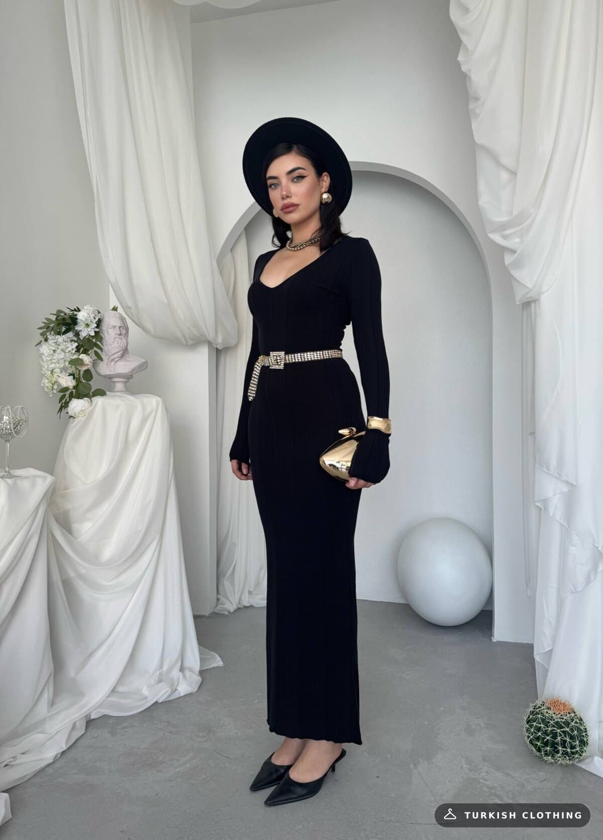 Ketas Midi Dress — Black in Acrylic – close-up detail, wholesale Women's Dresses from Türkiye