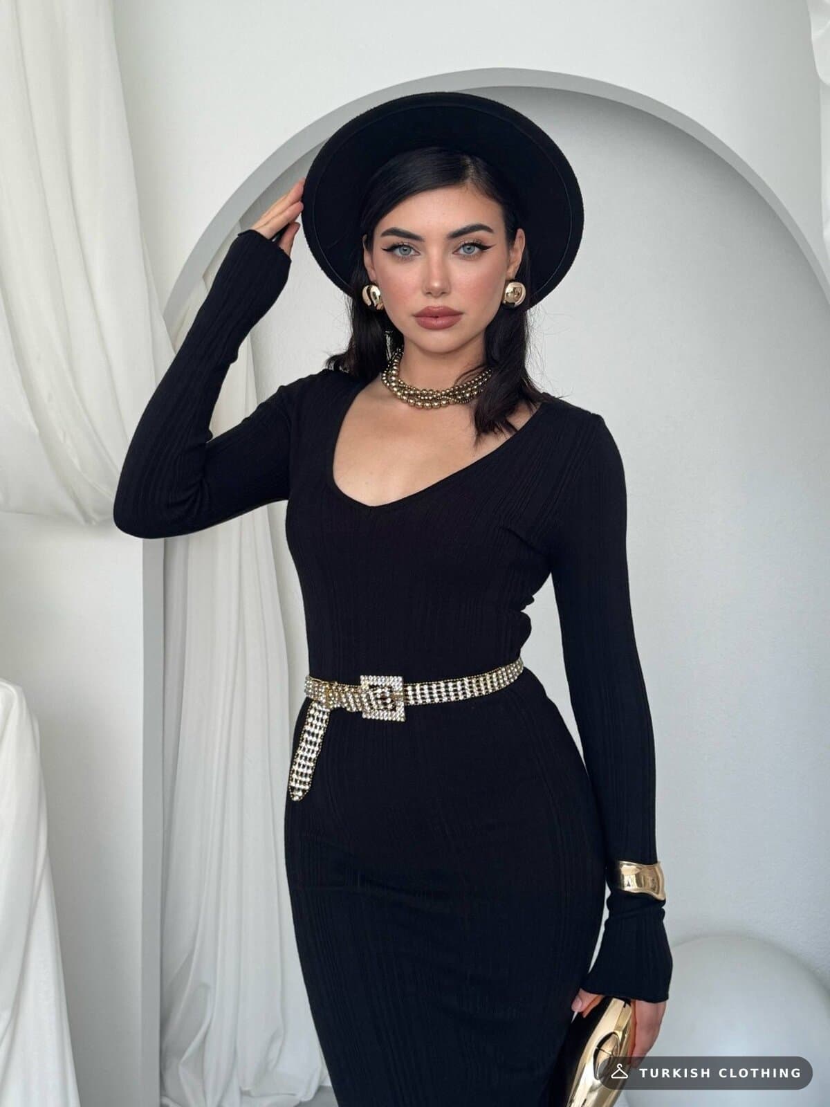 Ketas Midi Dress — Black in Acrylic – flat lay, wholesale Women's Dresses from Türkiye