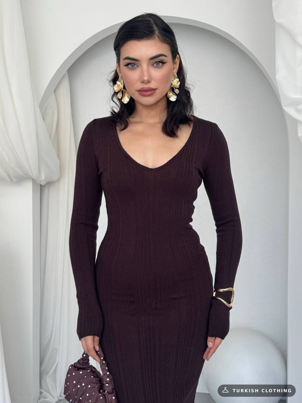 Ketas Midi Dress — Brown in Acrylic – back view, wholesale Women's Dresses from Türkiye
