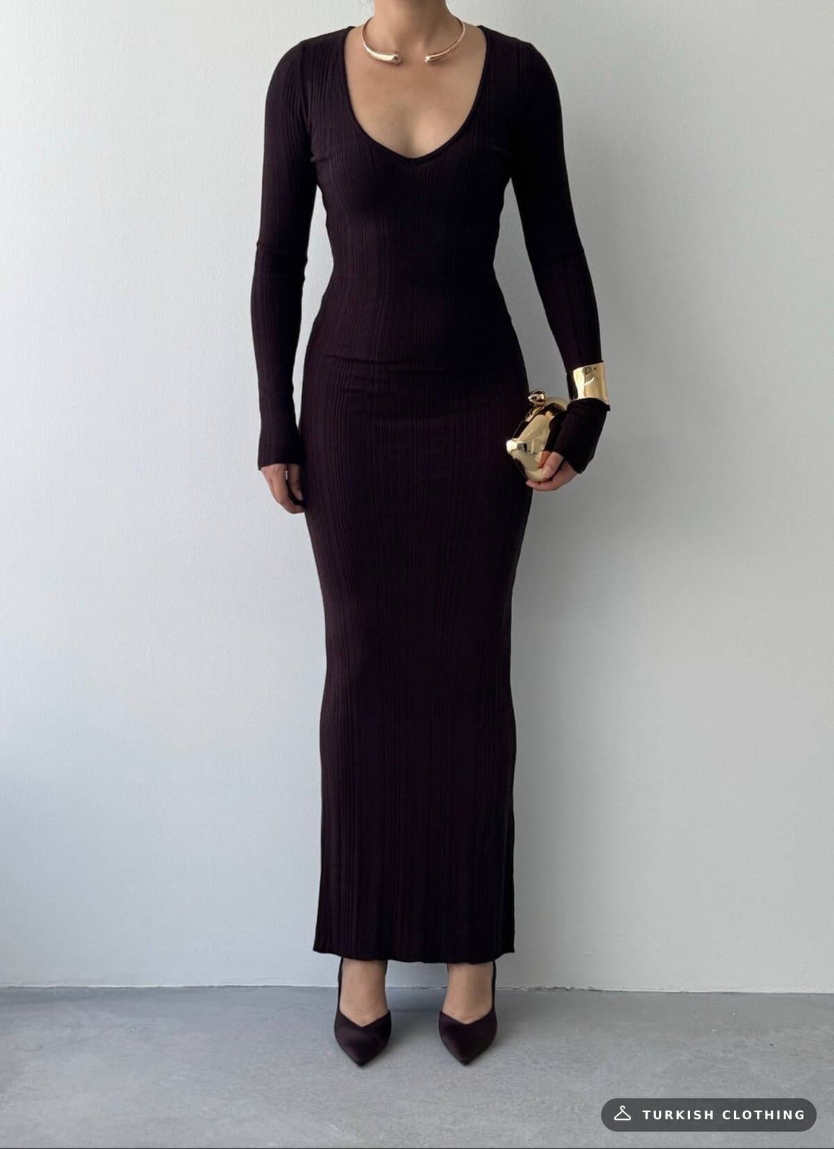 Ketas Midi Dress — Brown in Acrylic – fabric detail, wholesale Women's Dresses from Türkiye