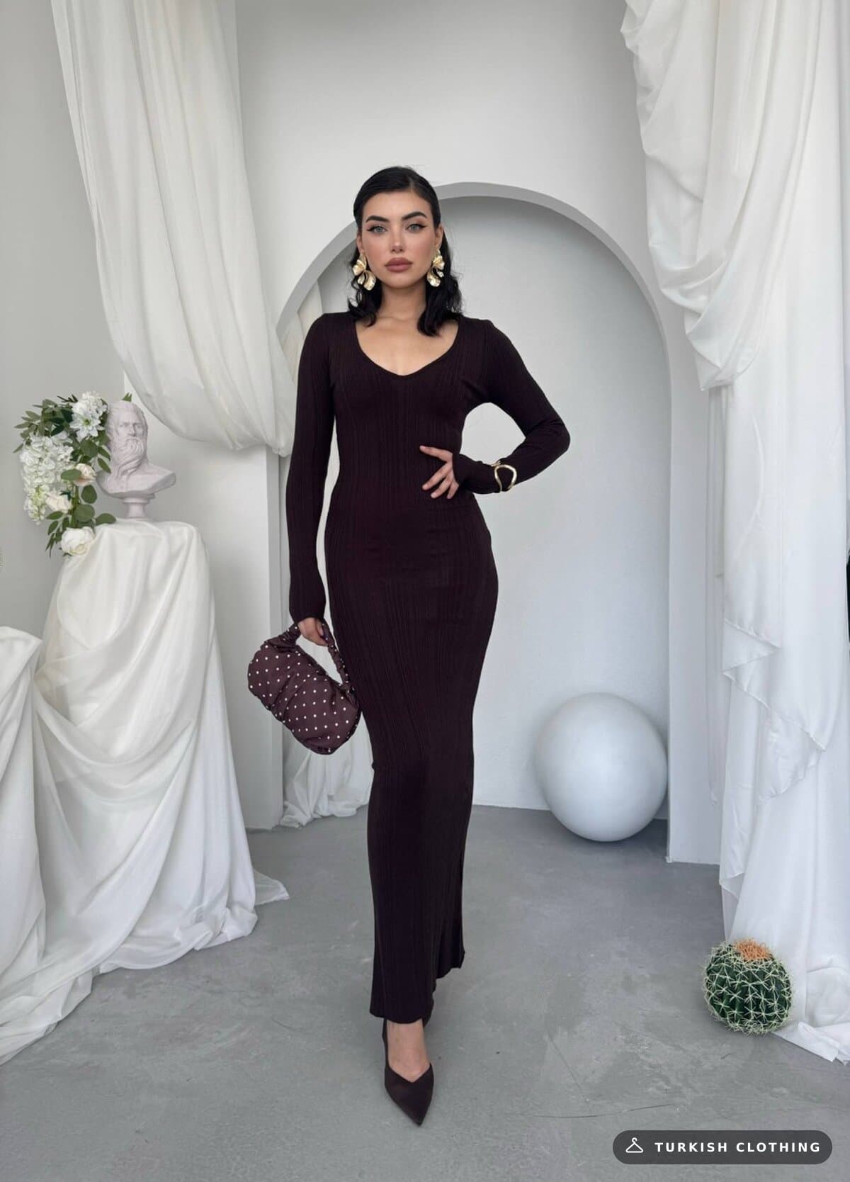 Ketas Midi Dress — Brown in Acrylic – side view, wholesale Women's Dresses from Türkiye