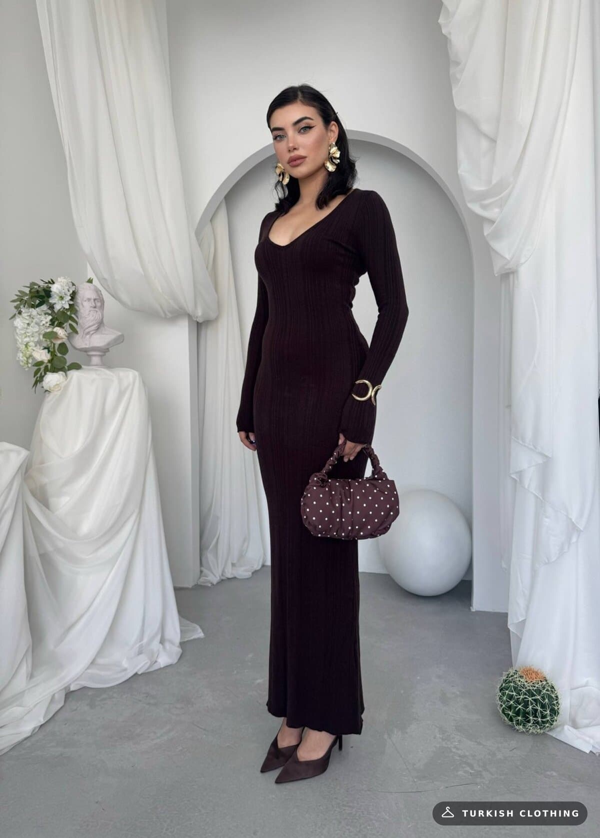 Ketas Midi Dress — Brown in Acrylic – flat lay, wholesale Women's Dresses from Türkiye