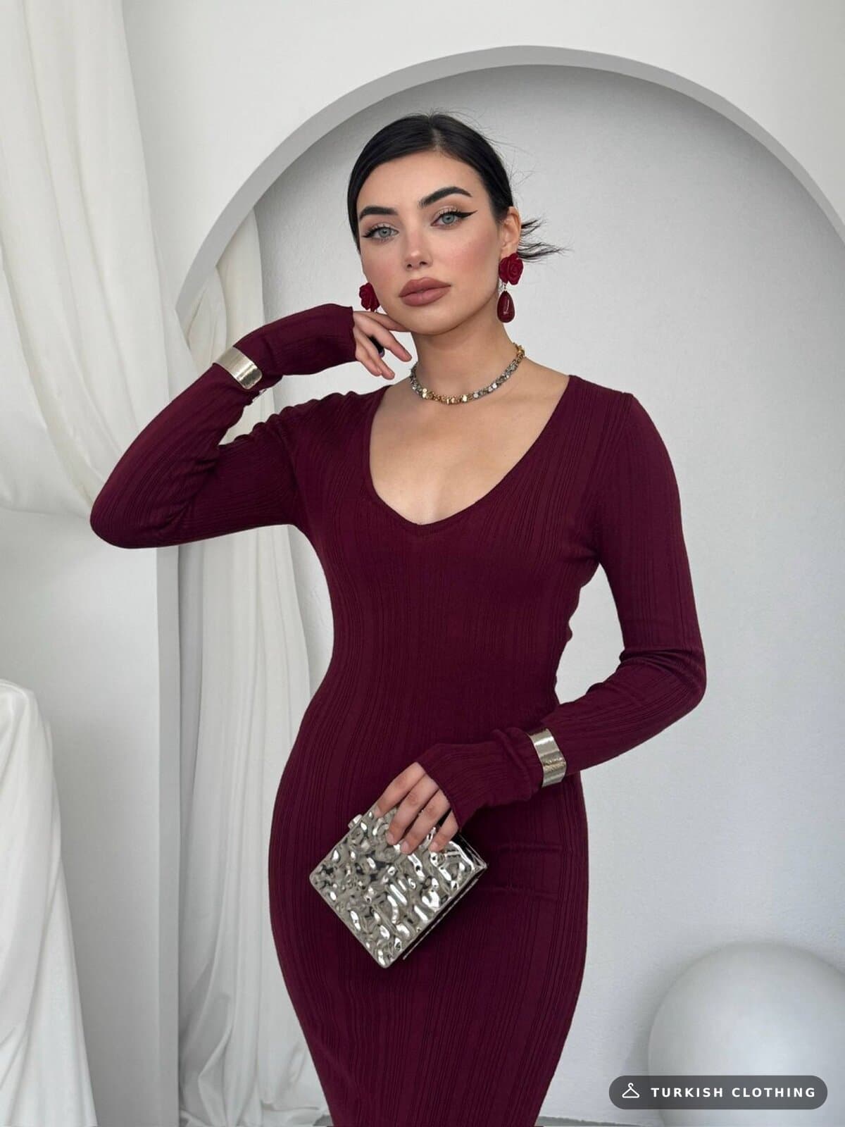 Ketas Midi Dress — Burgundy in Acrylic – back view, wholesale Women's Dresses from Türkiye