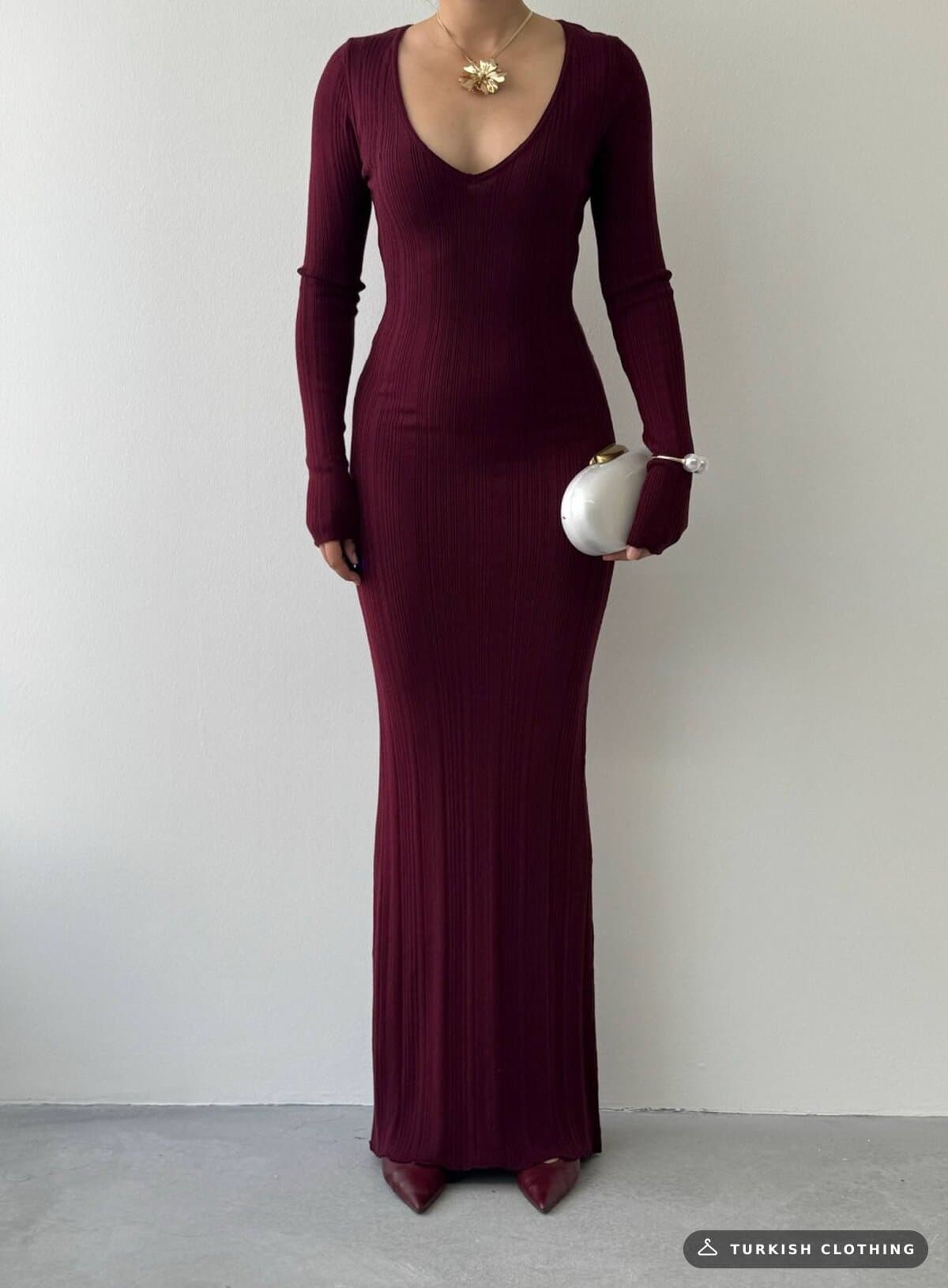 Ketas Midi Dress — Burgundy in Acrylic – fabric detail, wholesale Women's Dresses from Türkiye