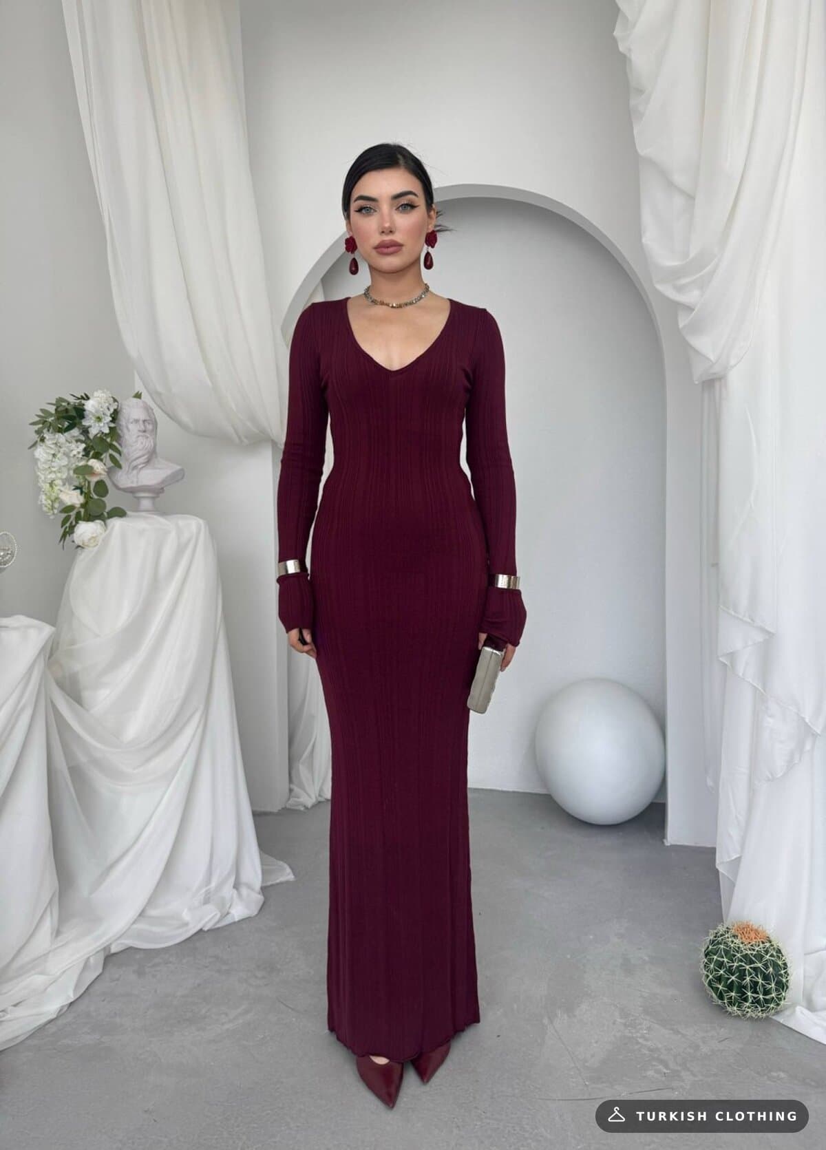 Ketas Midi Dress — Burgundy in Acrylic – side view, wholesale Women's Dresses from Türkiye