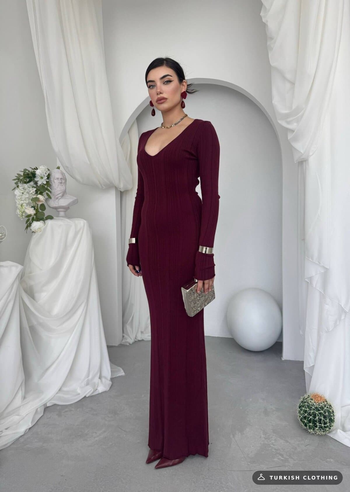 Ketas Midi Dress — Burgundy in Acrylic – flat lay, wholesale Women's Dresses from Türkiye