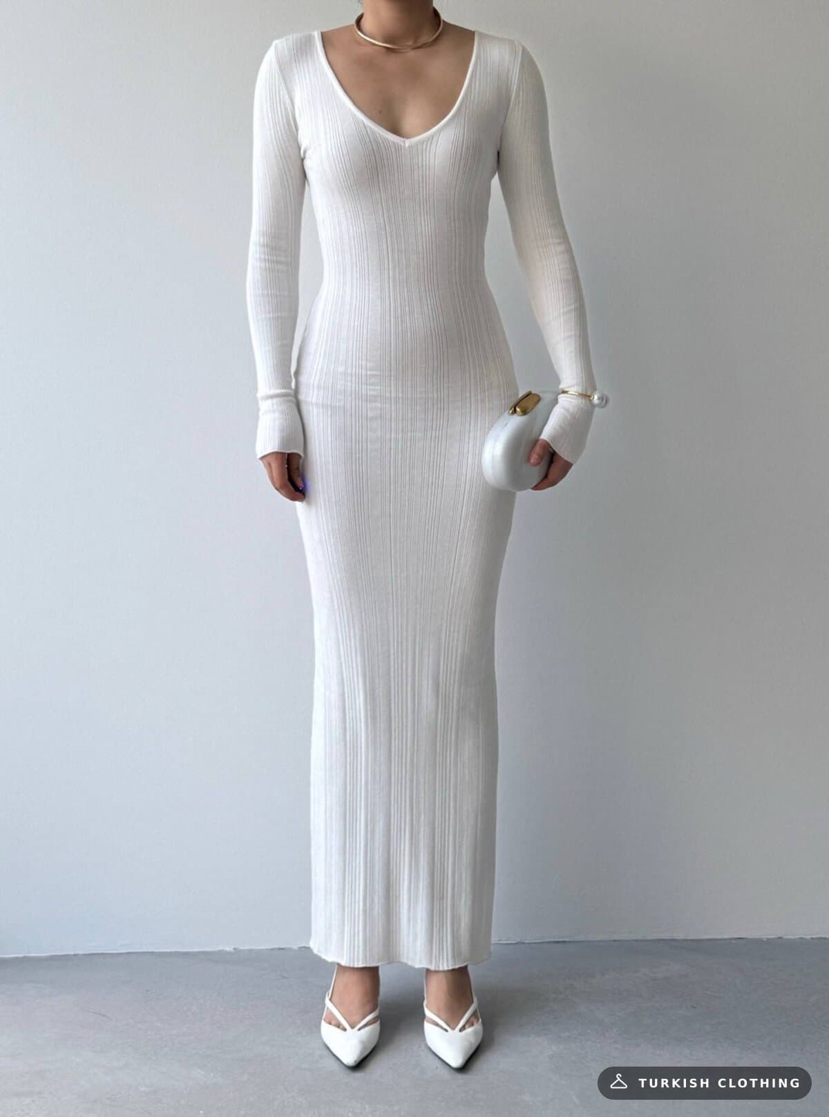 Ketas Midi Dress — White in Acrylic – back view, wholesale Women's Dresses from Türkiye