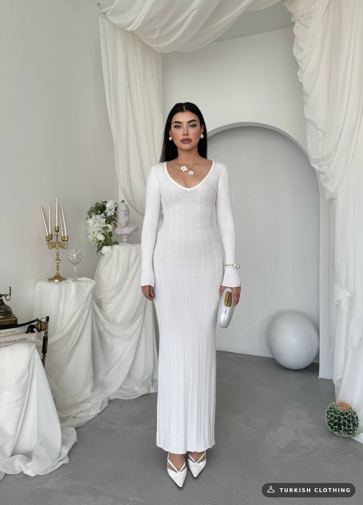 Ketas Midi Dress — White in Acrylic – full-length view, wholesale Women's Dresses from Türkiye