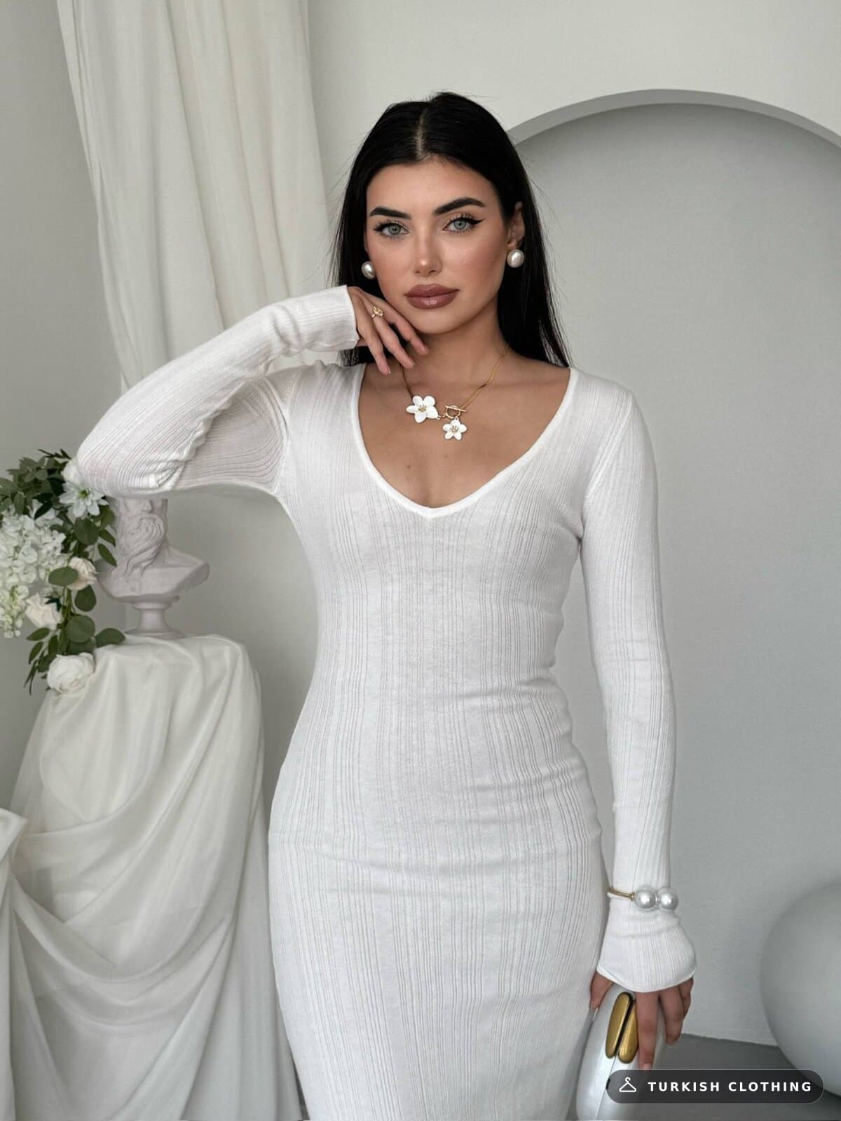 Ketas Midi Dress — White in Acrylic – side view, wholesale Women's Dresses from Türkiye