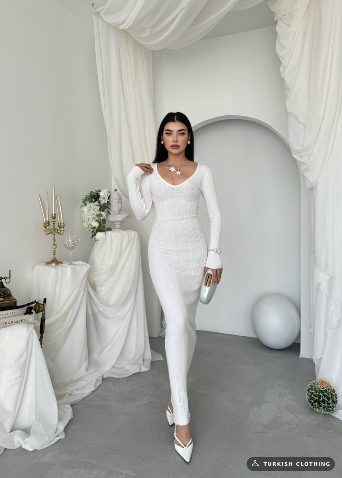 Ketas Midi Dress — White in Acrylic – styling detail, wholesale Women's Dresses from Türkiye