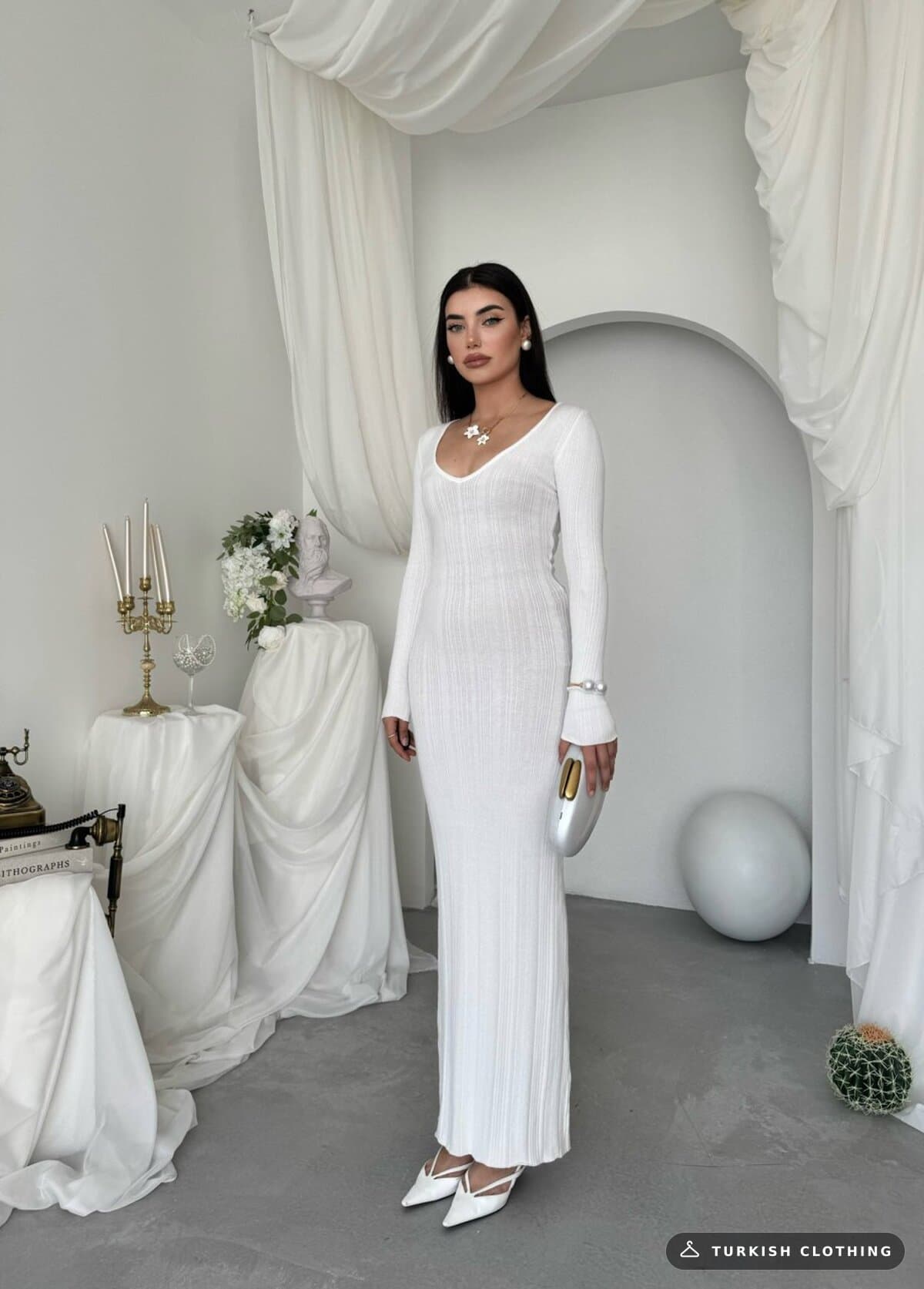 Ketas Midi Dress — White in Acrylic – flat lay, wholesale Women's Dresses from Türkiye