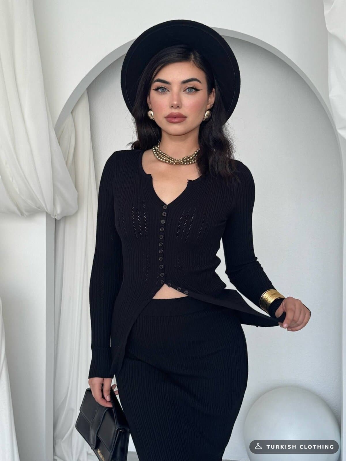 Masulem Double Team — Black in Knitwear – fabric detail, wholesale Women's Dresses from Türkiye