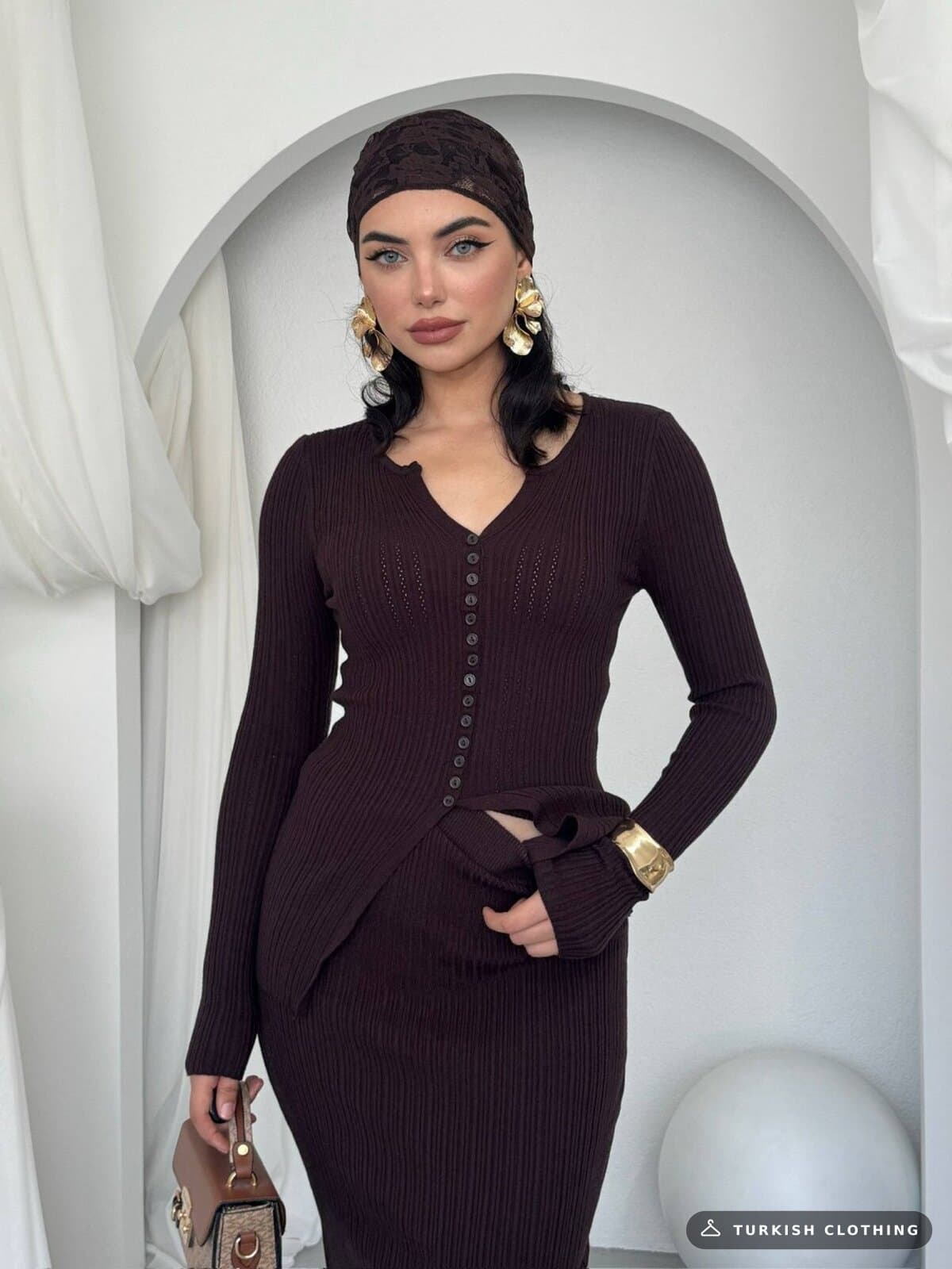 Masulem Double Team — Brown in Knitwear – fabric detail, wholesale Women's Dresses from Türkiye