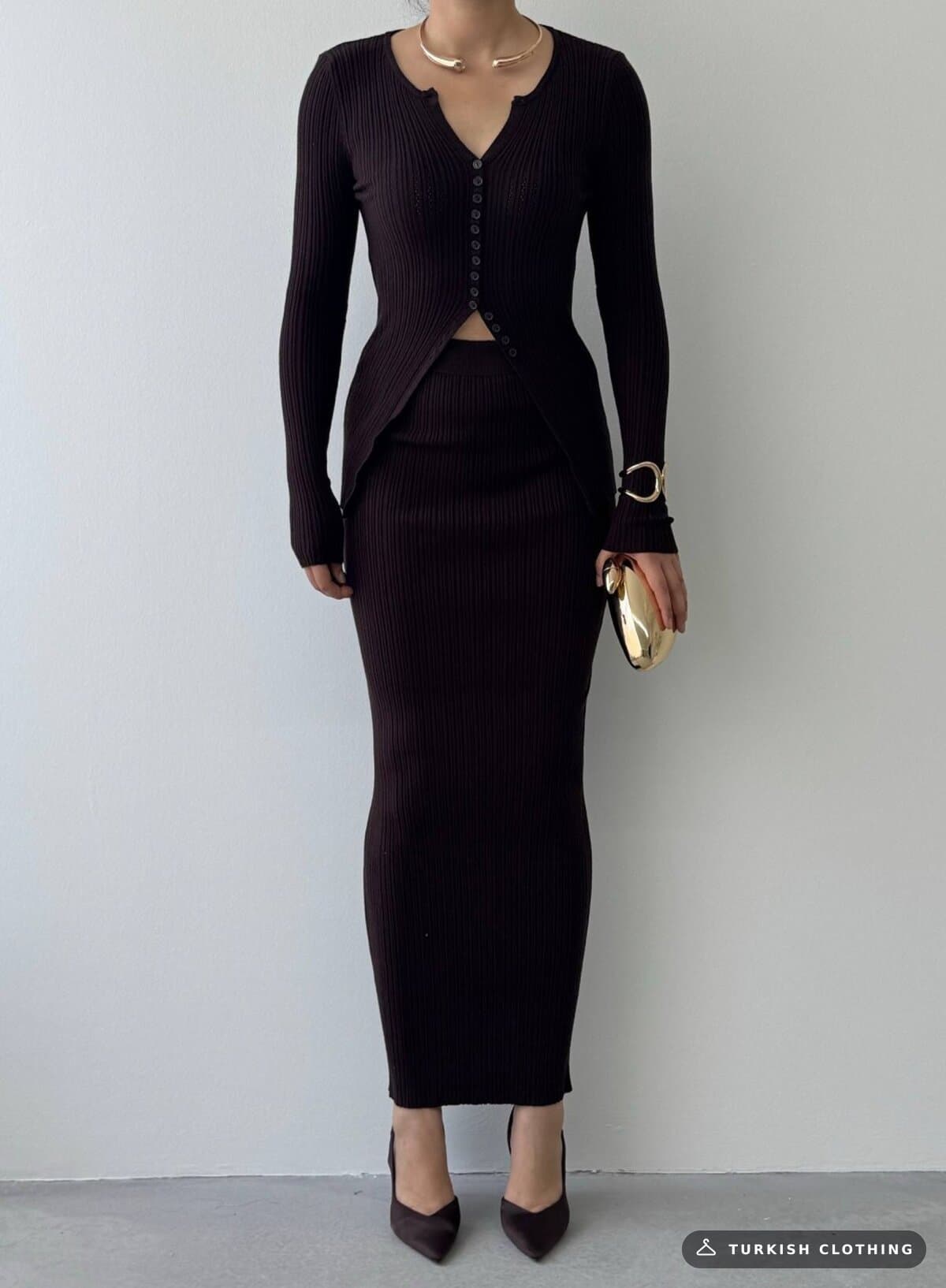 Masulem Double Team — Brown in Knitwear – full-length view, wholesale Women's Dresses from Türkiye