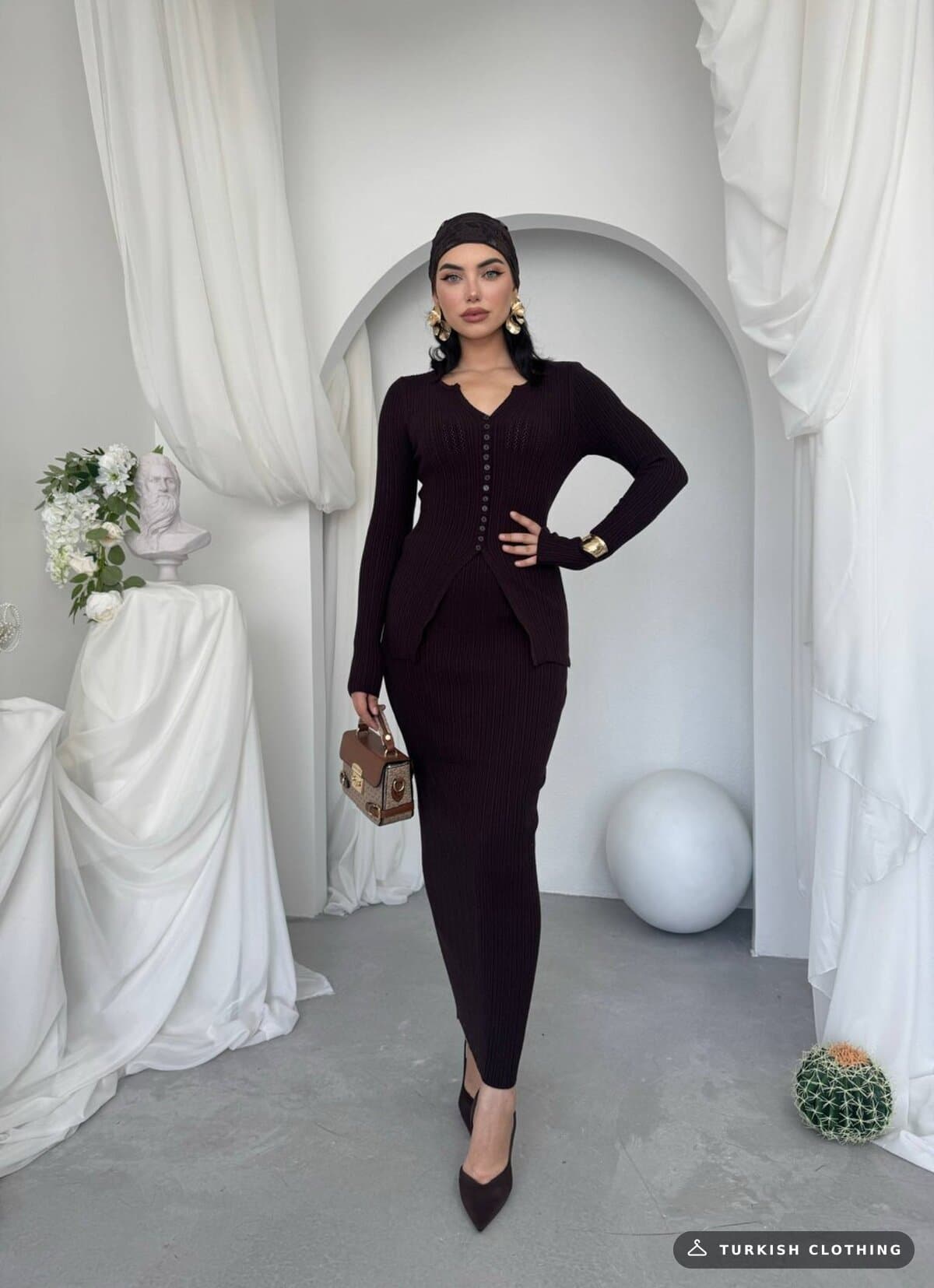 Masulem Double Team — Brown in Knitwear – styling detail, wholesale Women's Dresses from Türkiye