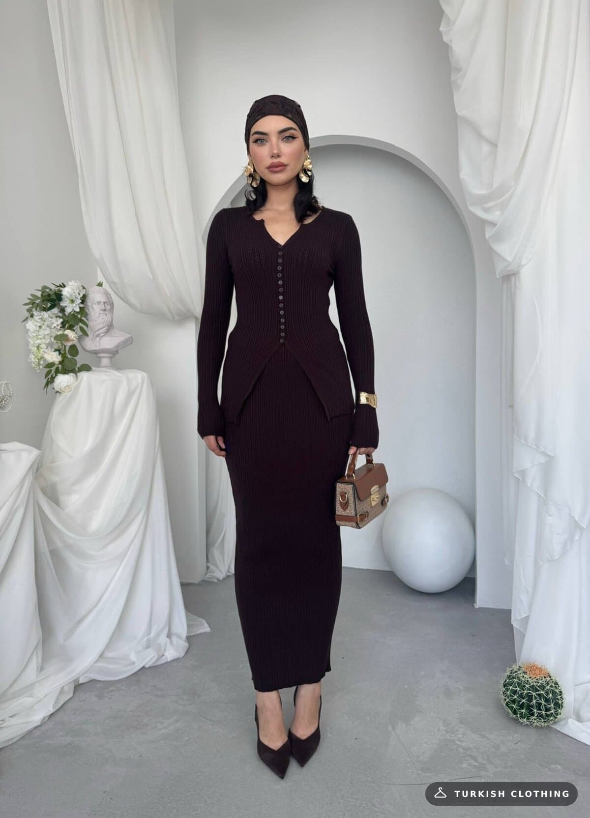 Masulem Double Team — Brown in Knitwear – flat lay, wholesale Women's Dresses from Türkiye