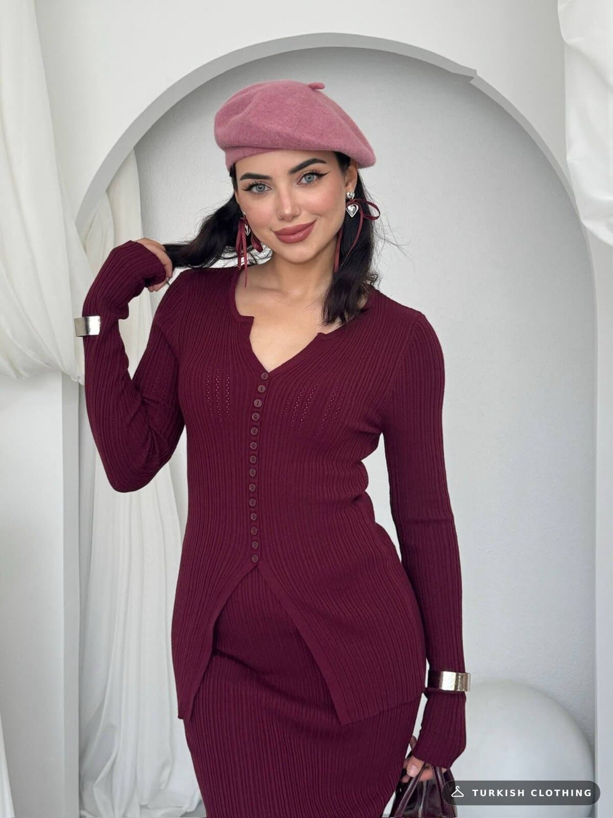 Masulem Double Team — Burgundy in Knitwear – back view, wholesale Women's Dresses from Türkiye