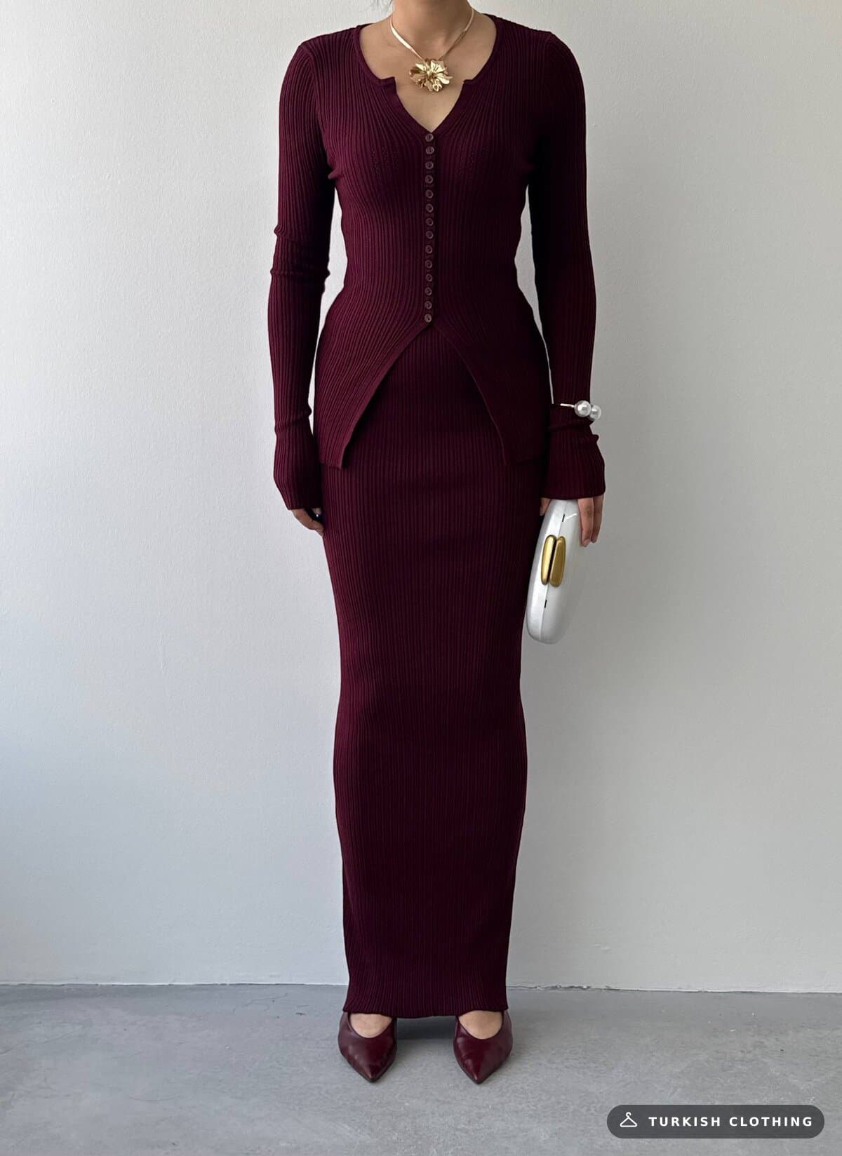 Masulem Double Team — Burgundy in Knitwear – fabric detail, wholesale Women's Dresses from Türkiye