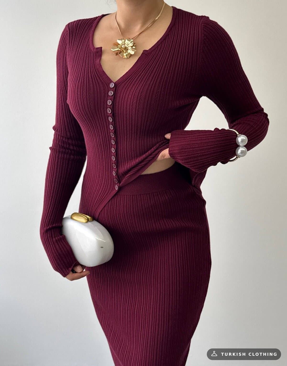Masulem Double Team — Burgundy in Knitwear – full-length view, wholesale Women's Dresses from Türkiye