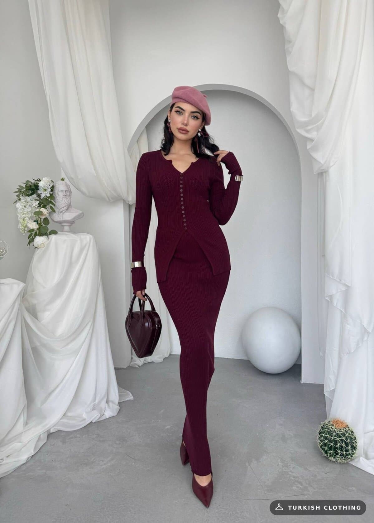 Masulem Double Team — Burgundy in Knitwear – side view, wholesale Women's Dresses from Türkiye