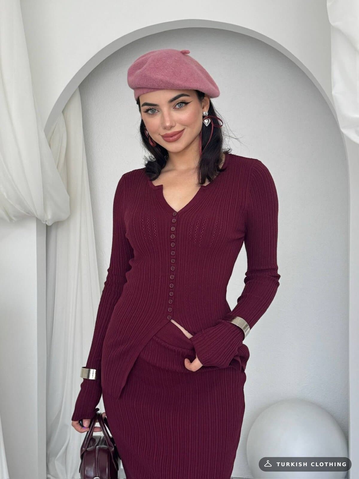 Masulem Double Team — Burgundy in Knitwear – styling detail, wholesale Women's Dresses from Türkiye