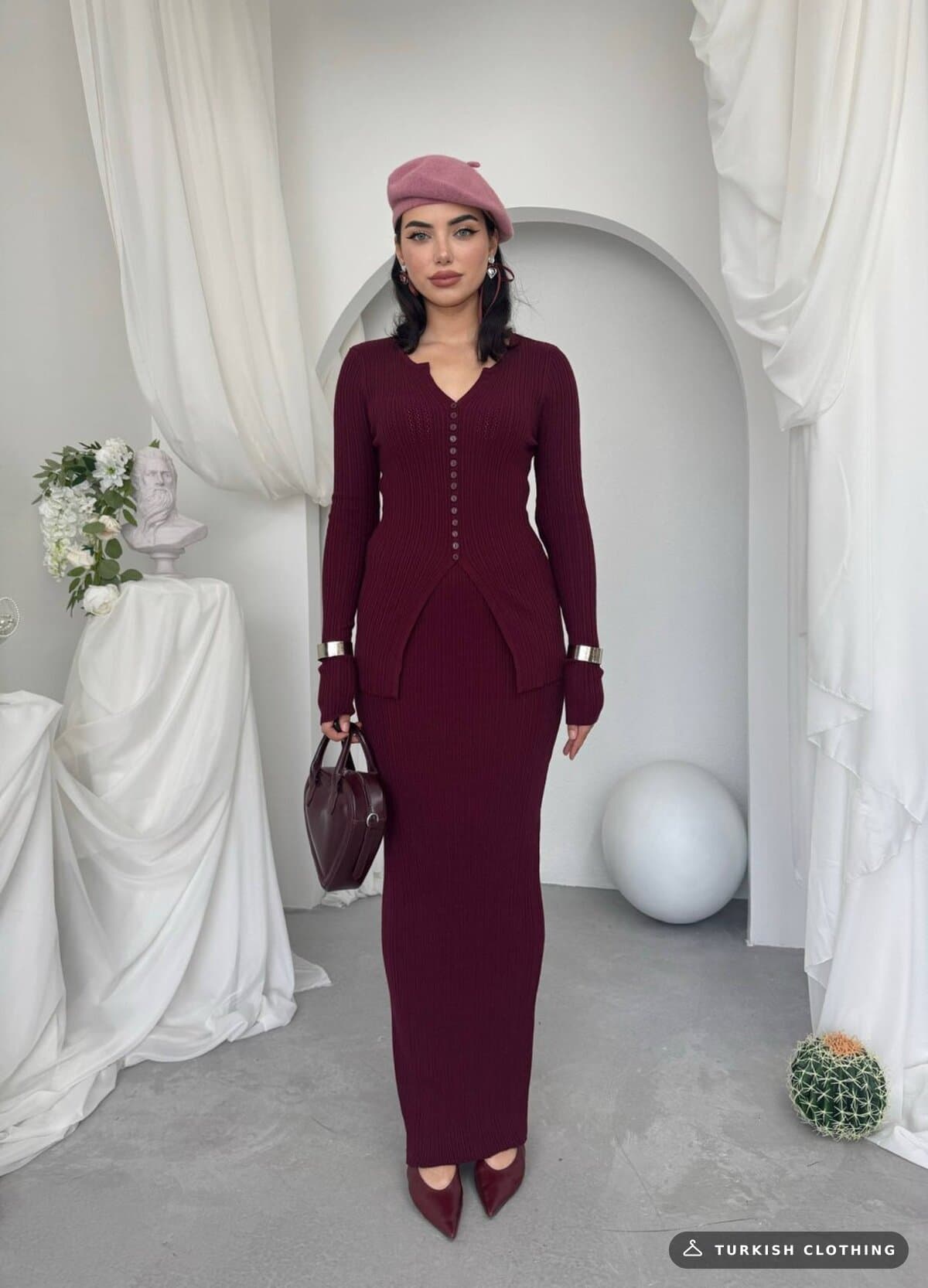 Masulem Double Team — Burgundy in Knitwear – flat lay, wholesale Women's Dresses from Türkiye