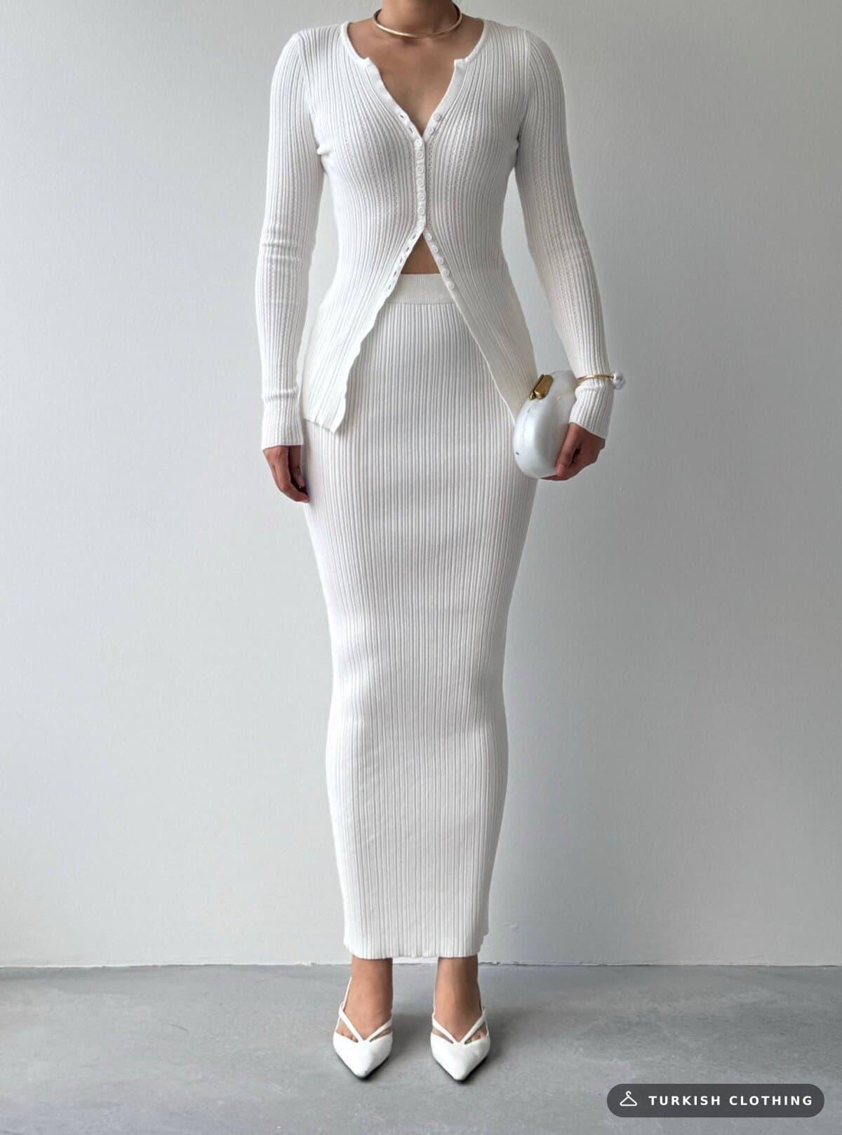 Masulem Double Team — White in Knitwear – fabric detail, wholesale Women's Dresses from Türkiye