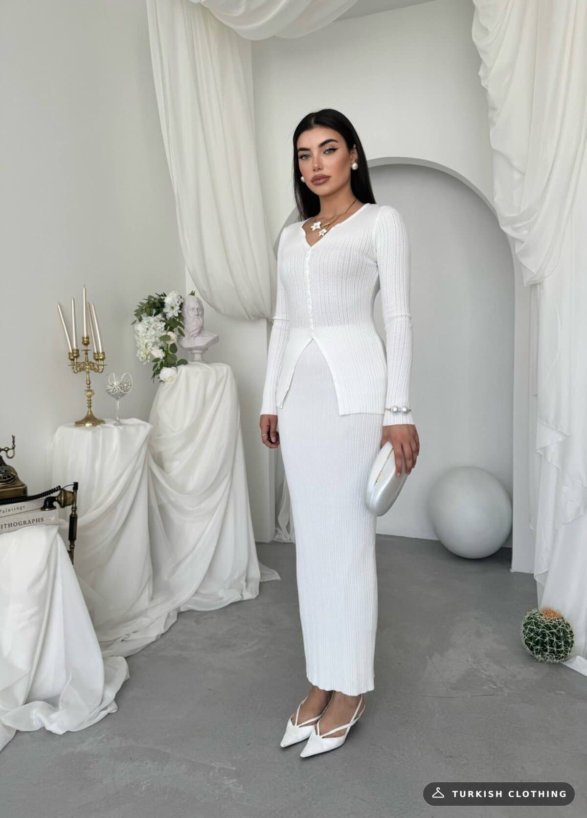 Masulem Double Team — White in Knitwear – styling detail, wholesale Women's Dresses from Türkiye