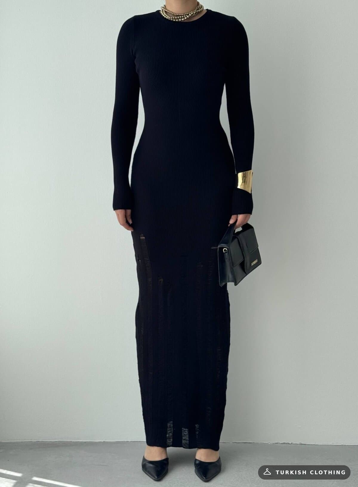 Moon Midi Dress — Black in Knitwear – fabric detail, wholesale Women's Dresses from Türkiye