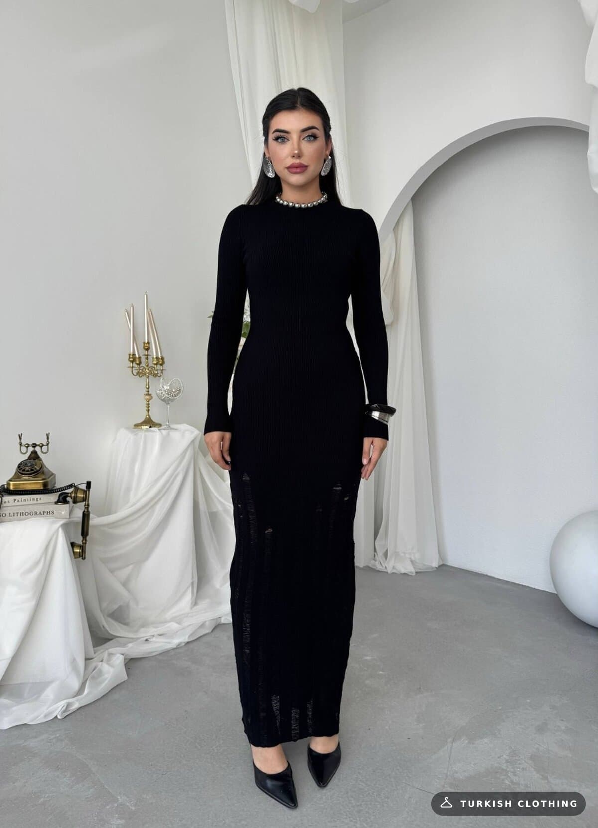 Moon Midi Dress — Black in Knitwear – side view, wholesale Women's Dresses from Türkiye