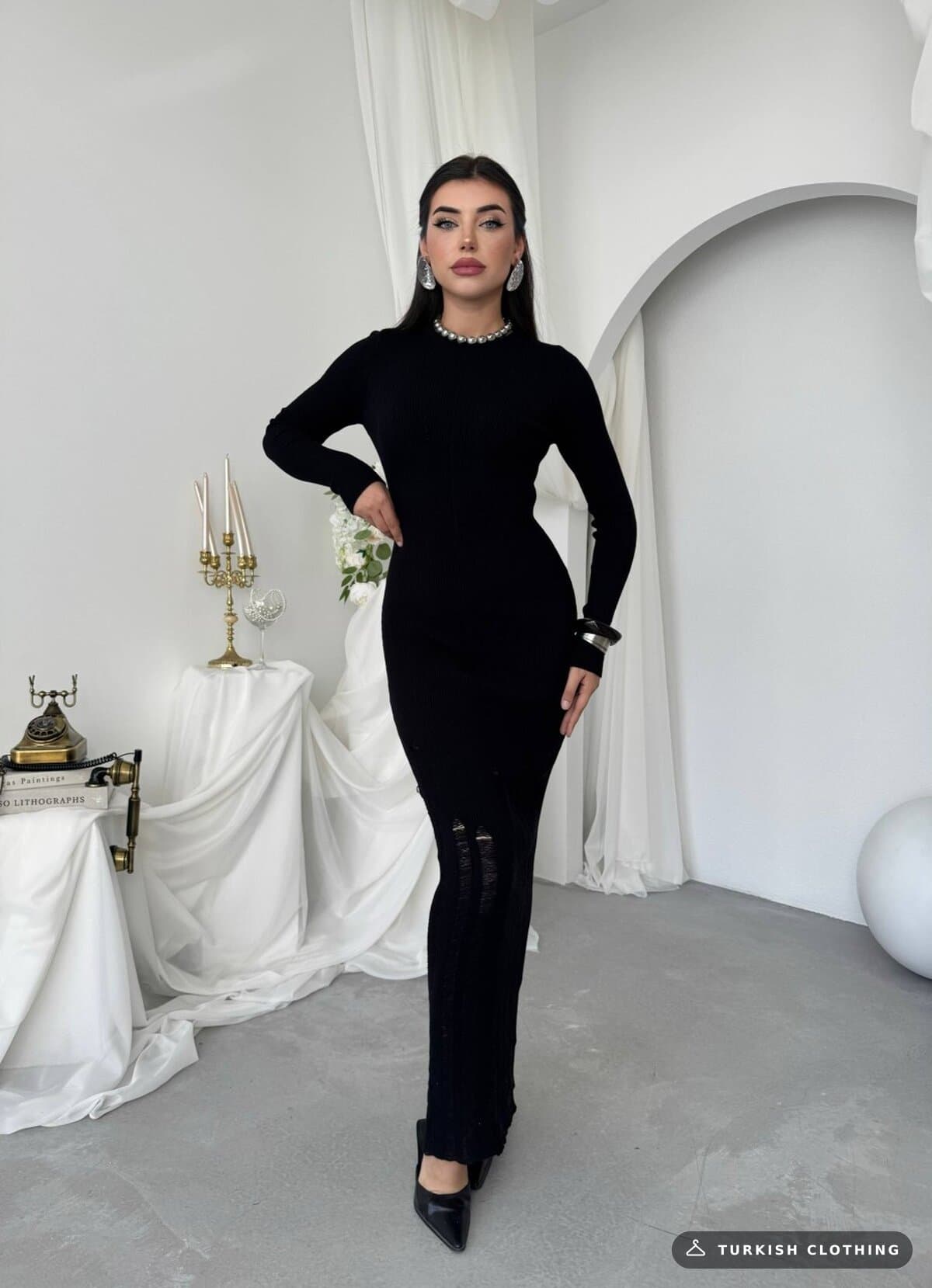 Moon Midi Dress — Black in Knitwear – styling detail, wholesale Women's Dresses from Türkiye