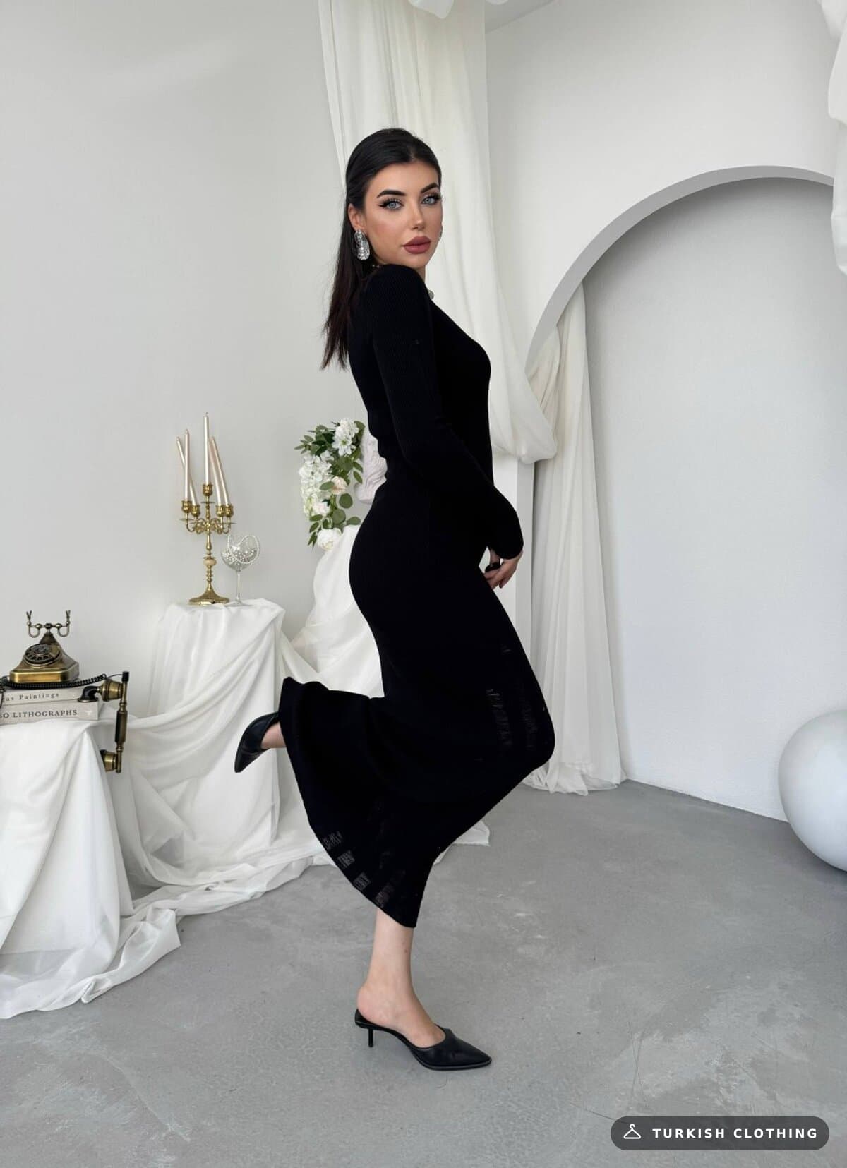 Moon Midi Dress — Black in Knitwear – flat lay, wholesale Women's Dresses from Türkiye