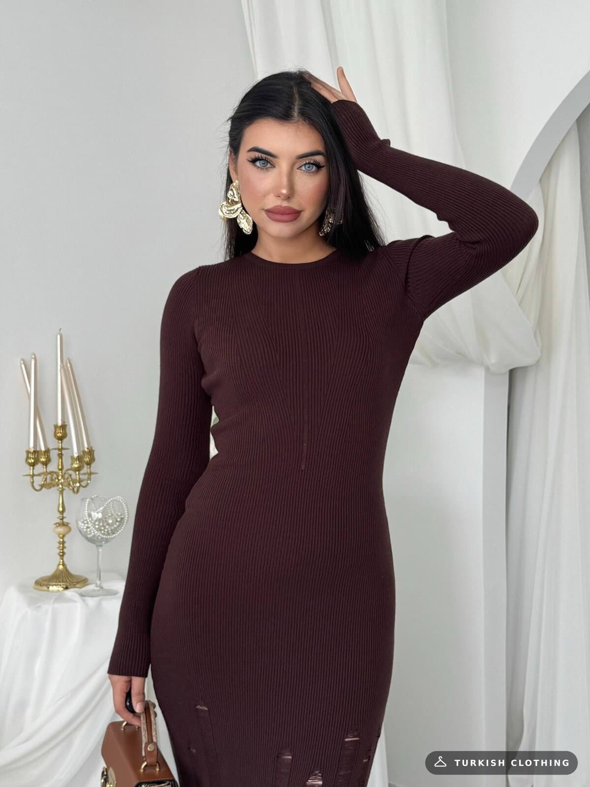 Moon Midi Dress — Brown in Knitwear – fabric detail, wholesale Women's Dresses from Türkiye