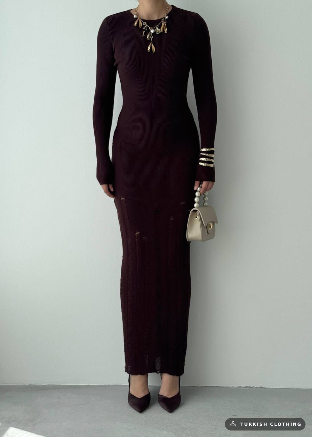 Moon Midi Dress — Brown in Knitwear – full-length view, wholesale Women's Dresses from Türkiye