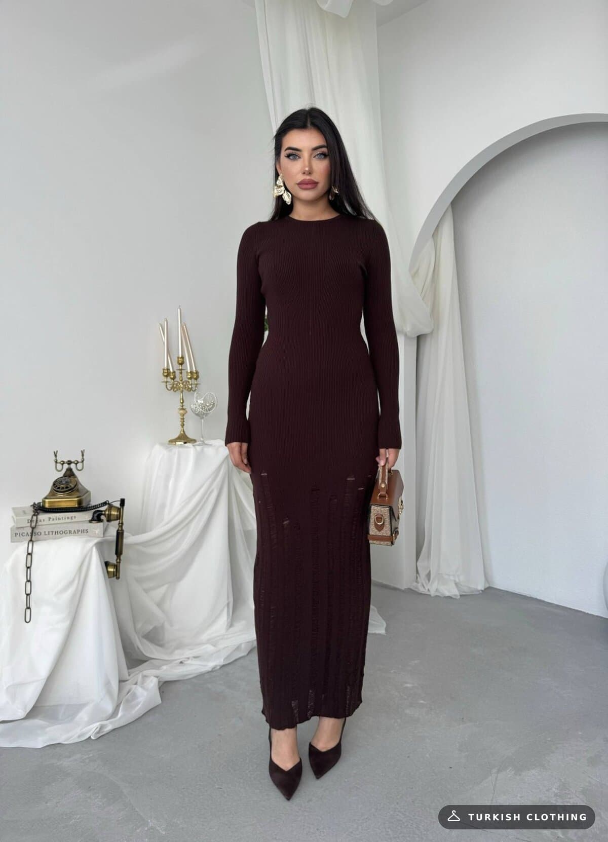 Moon Midi Dress — Brown in Knitwear – styling detail, wholesale Women's Dresses from Türkiye