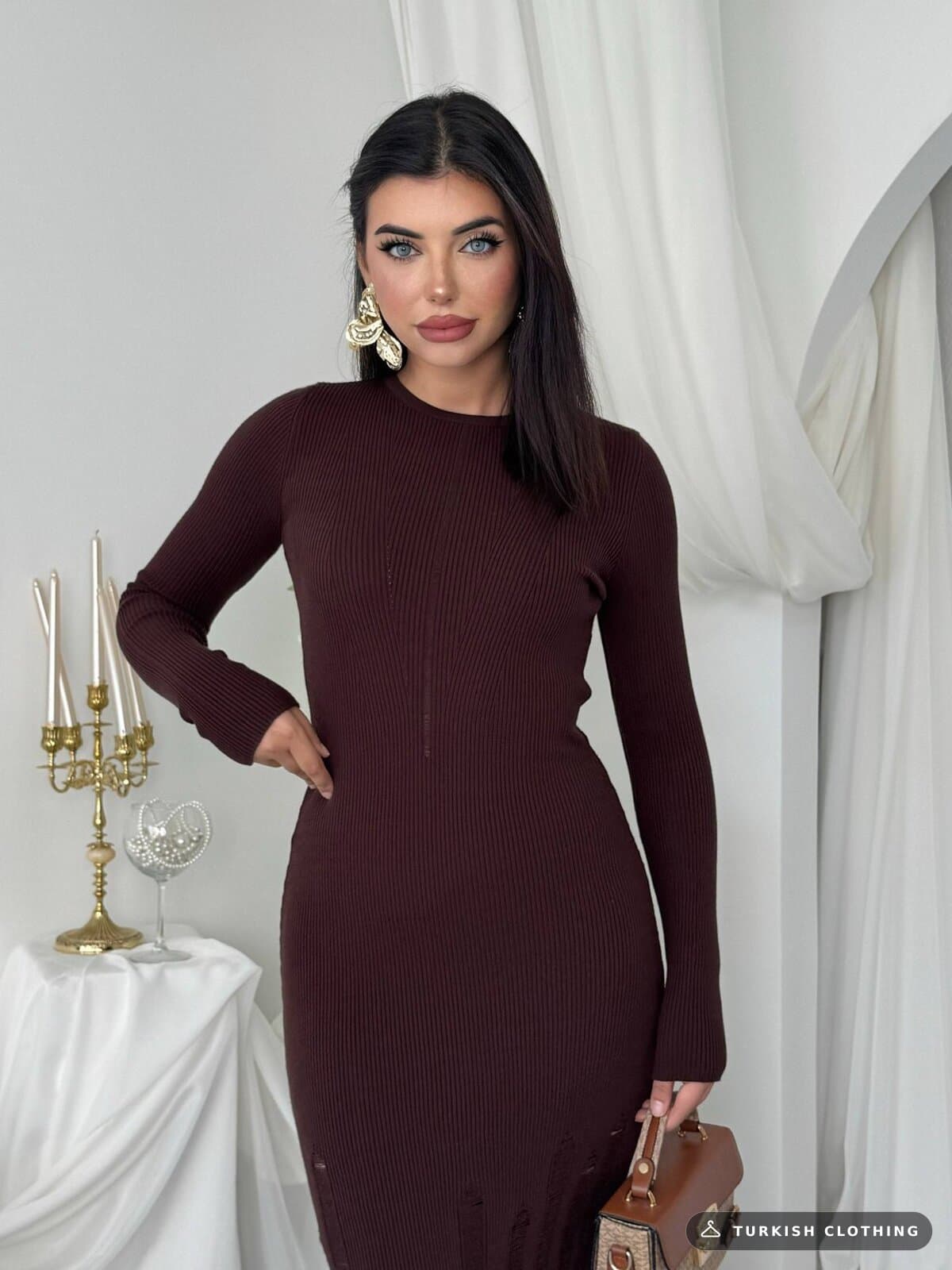 Moon Midi Dress — Brown in Knitwear – back view, wholesale Women's Dresses from Türkiye