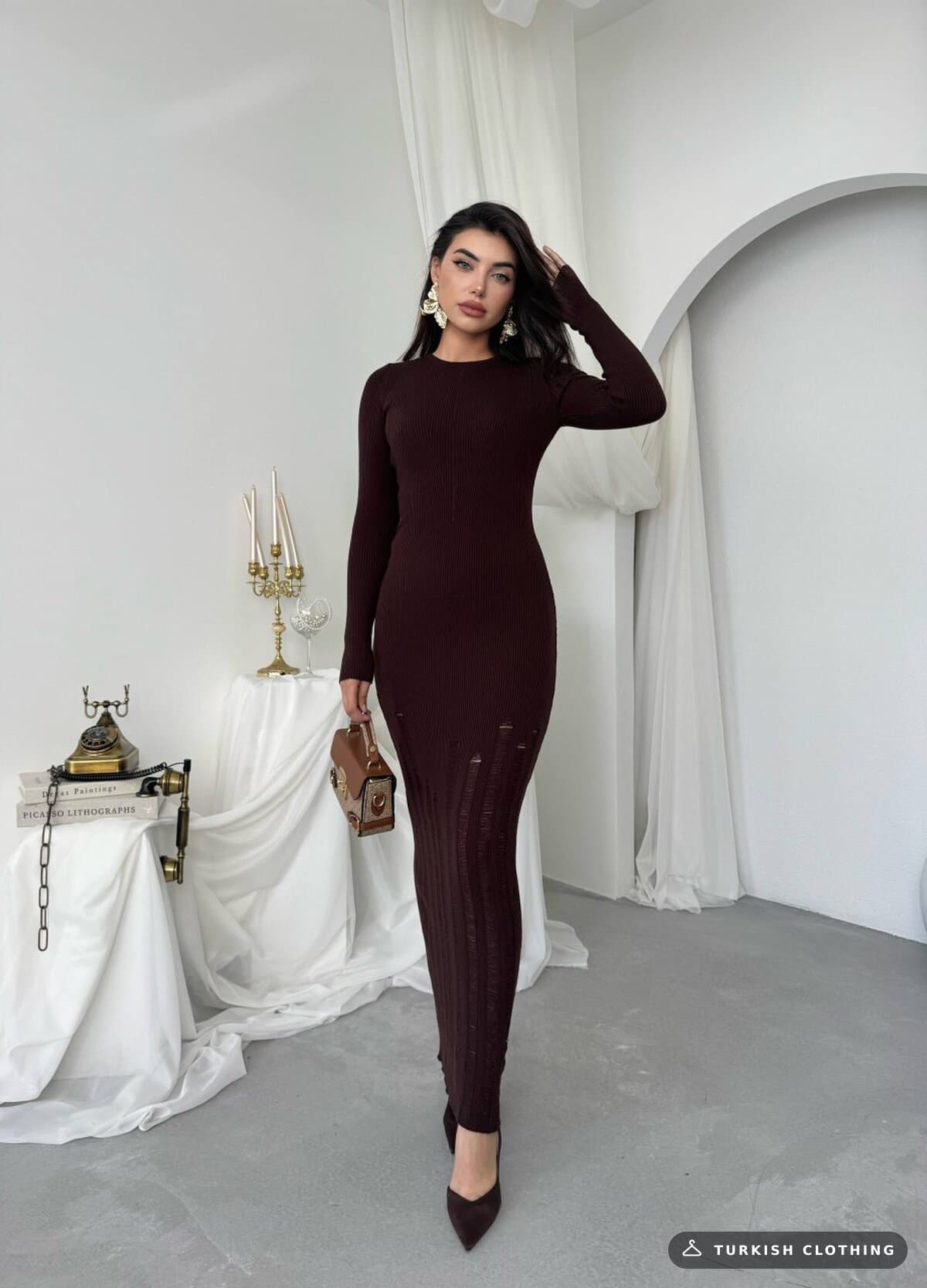 Moon Midi Dress — Brown in Knitwear – close-up detail, wholesale Women's Dresses from Türkiye