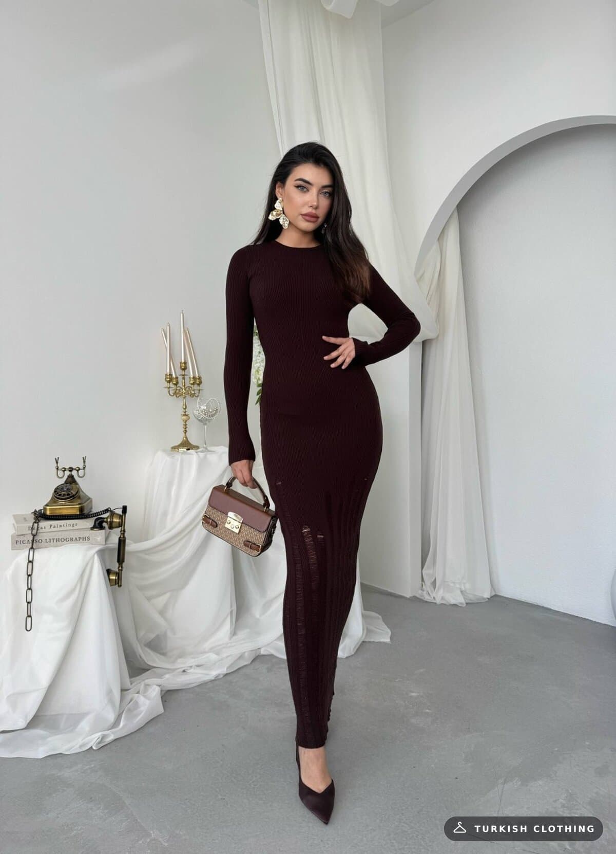Moon Midi Dress — Brown in Knitwear – flat lay, wholesale Women's Dresses from Türkiye