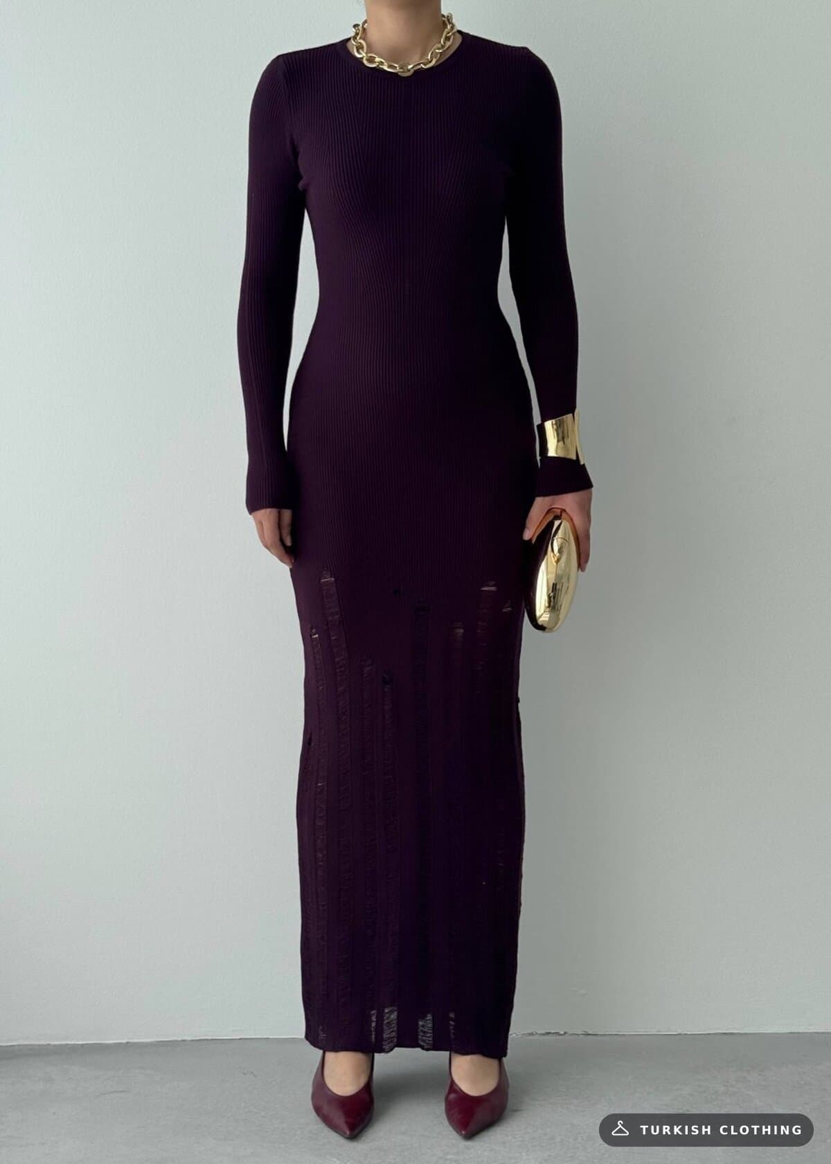 Moon Midi Dress — Plum in Knitwear – fabric detail, wholesale Women's Dresses from Türkiye