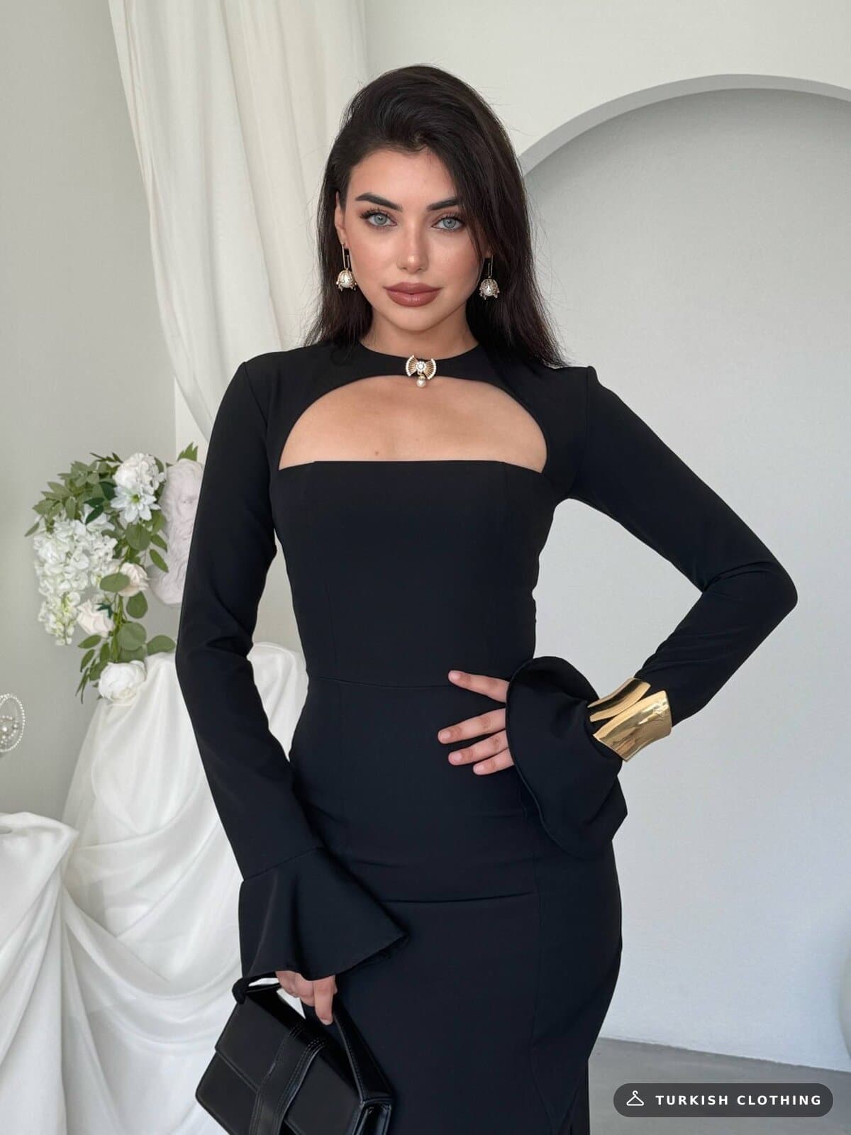 Oplsa Brooch Detailed Dress — Black in Satin – wholesale Women's Dresses by Etika, Turkish clothing manufacturer