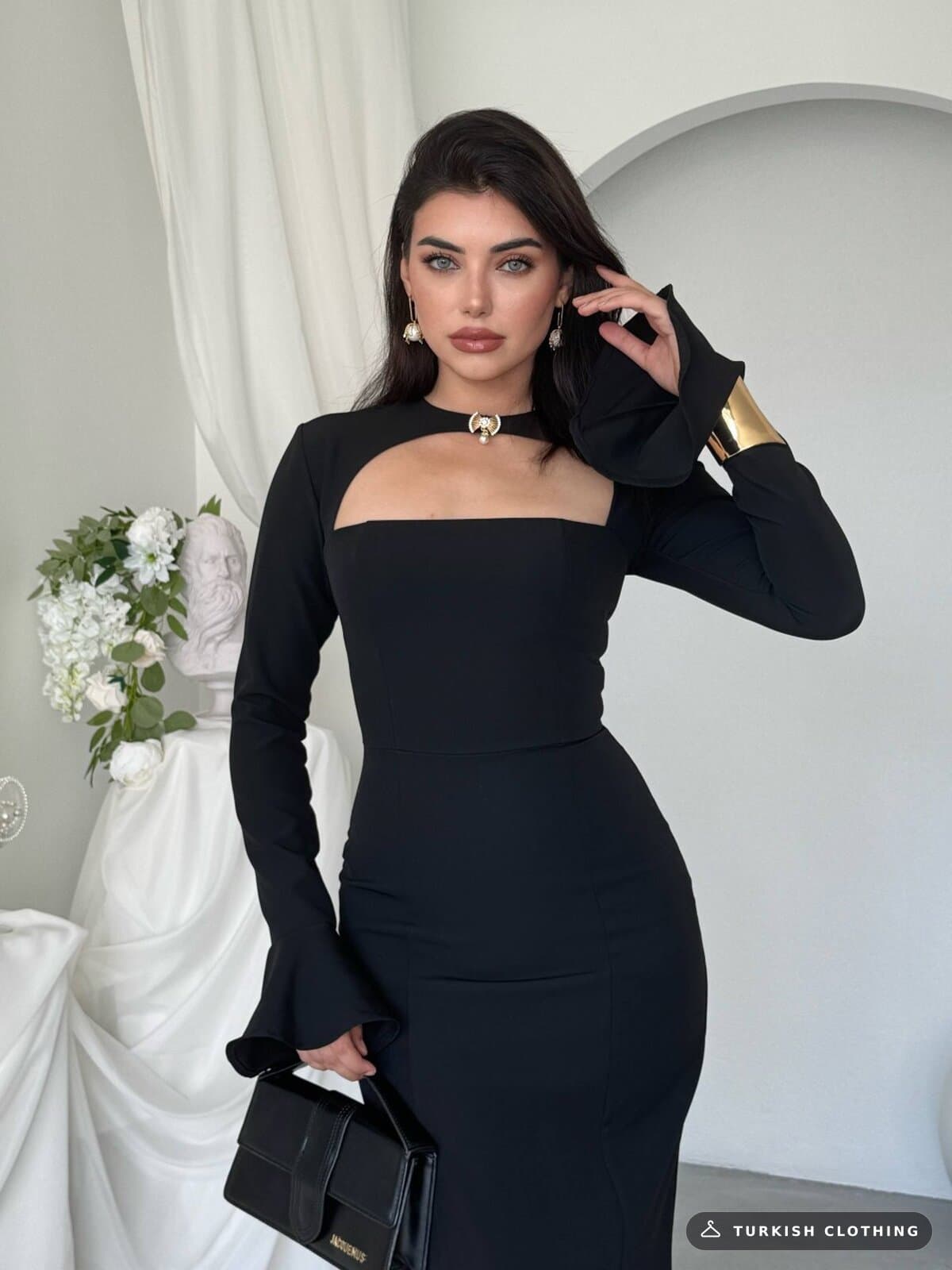 Oplsa Brooch Detailed Dress — Black in Satin – back view, wholesale Women's Dresses from Türkiye