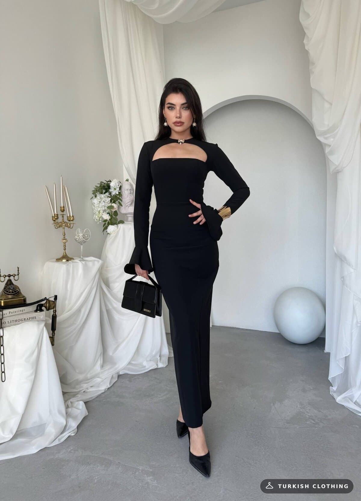 Oplsa Brooch Detailed Dress — Black in Satin – styling detail, wholesale Women's Dresses from Türkiye
