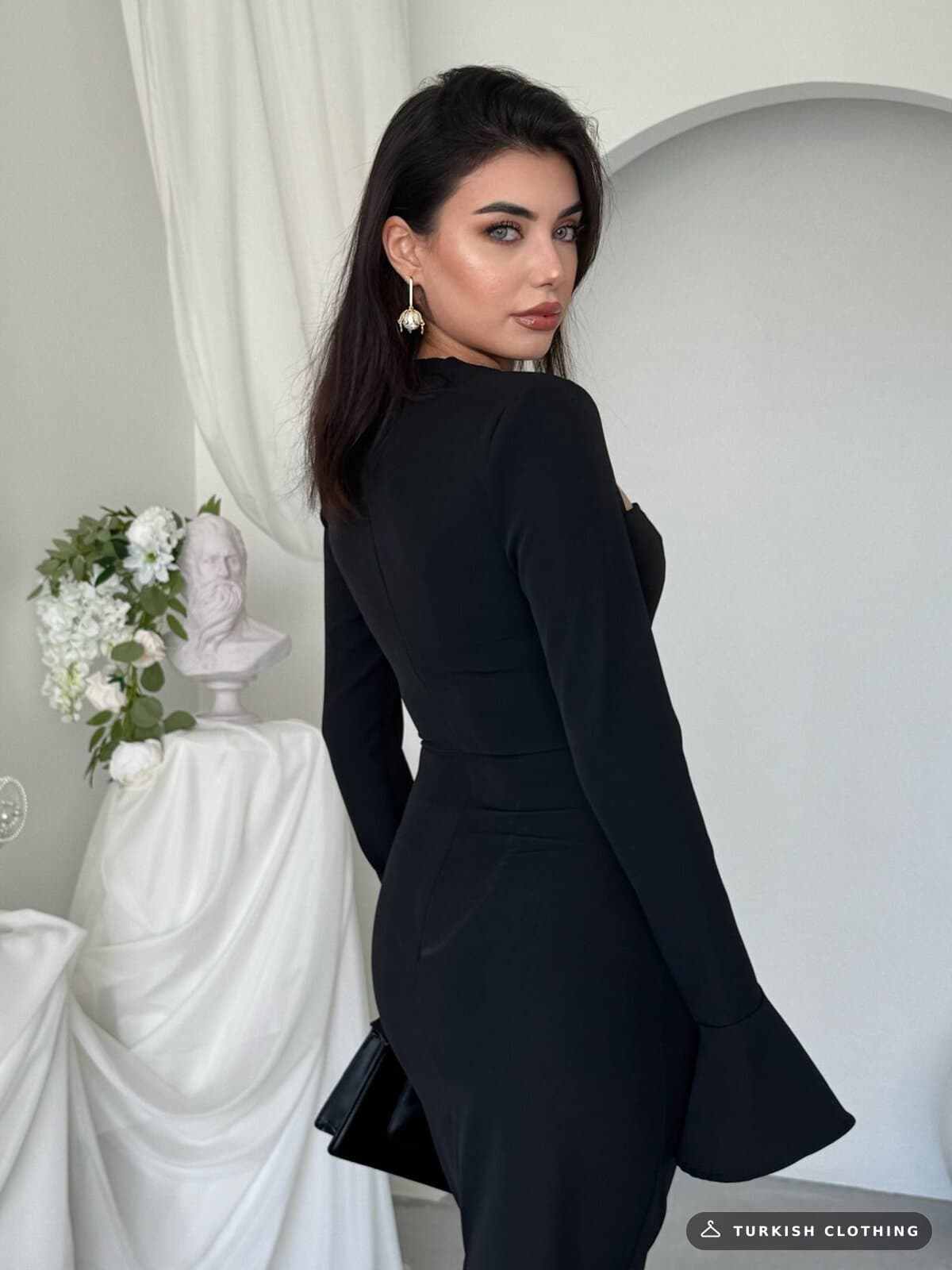 Oplsa Brooch Detailed Dress — Black in Satin – close-up detail, wholesale Women's Dresses from Türkiye