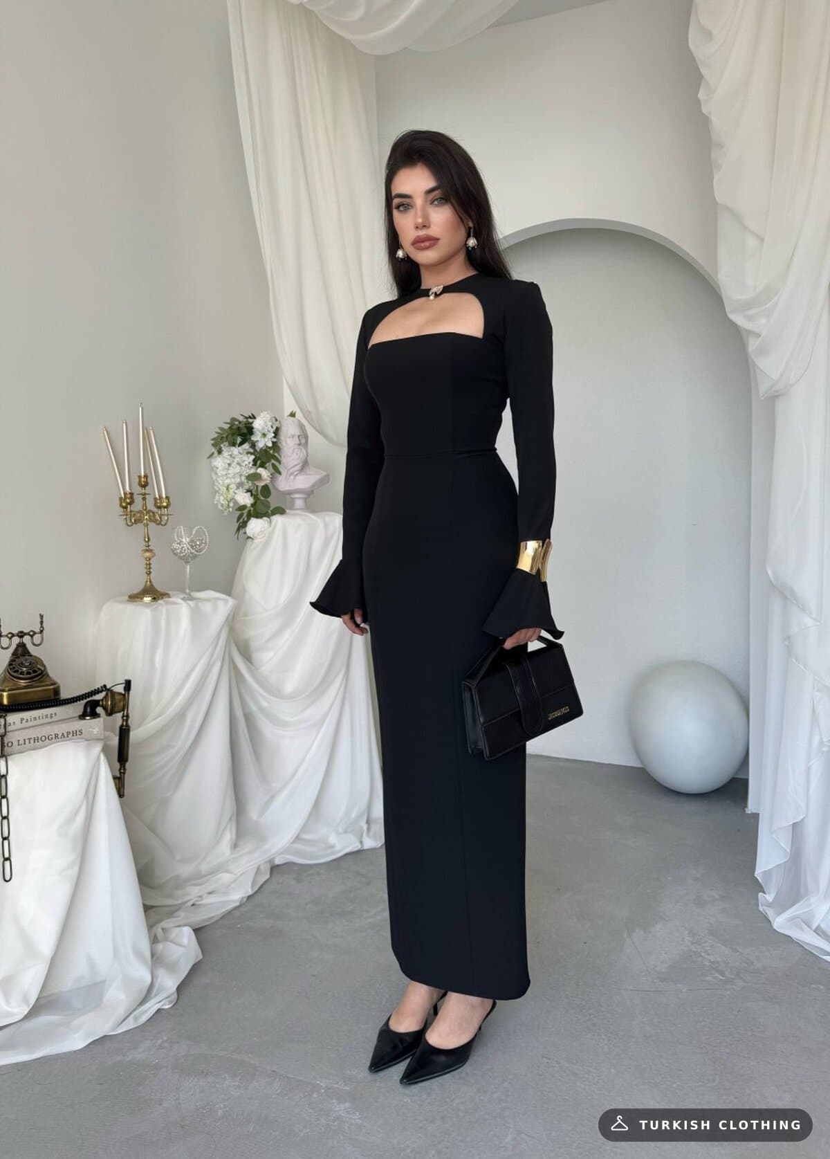 Oplsa Brooch Detailed Dress — Black in Satin – flat lay, wholesale Women's Dresses from Türkiye