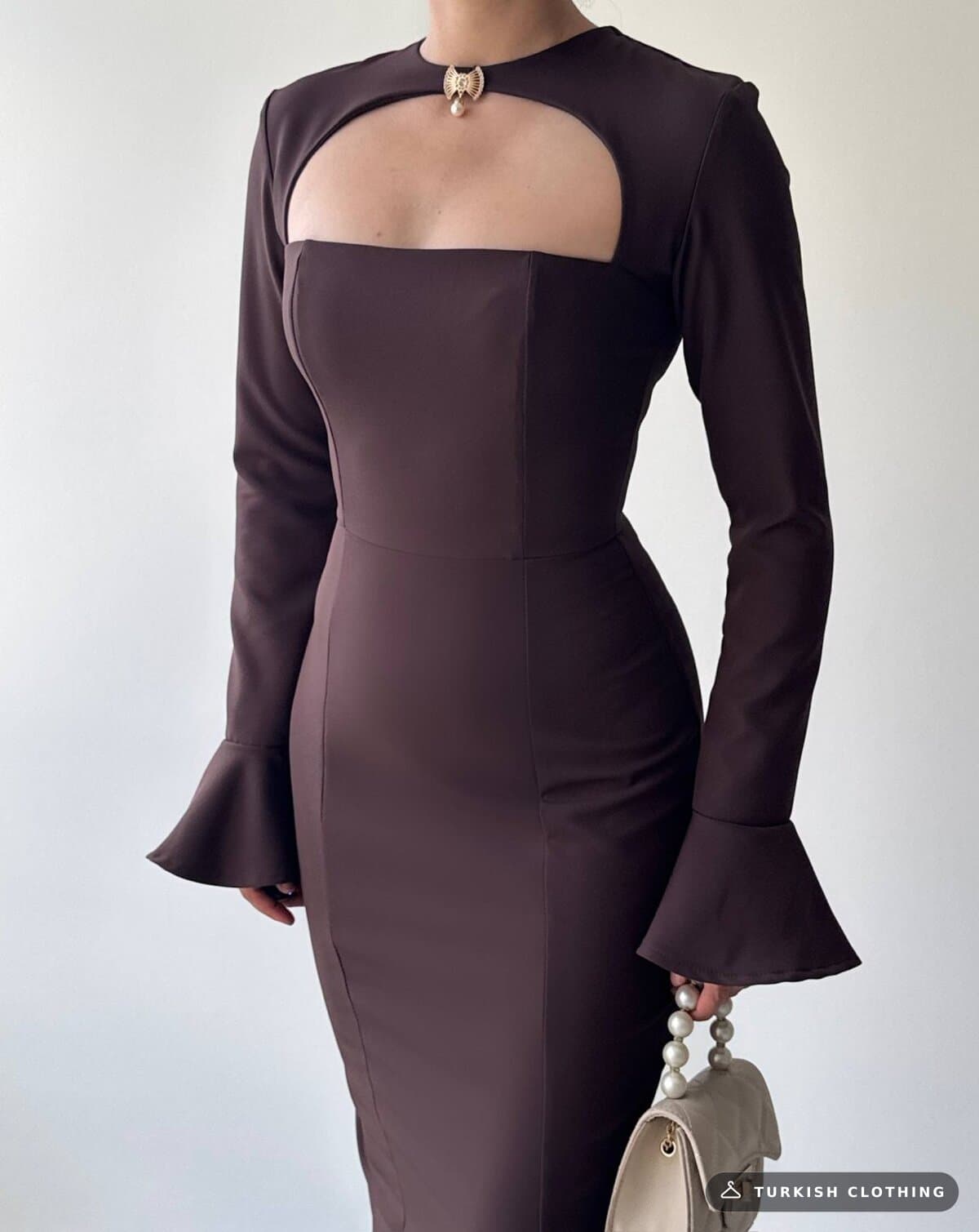 Oplsa Brooch Detailed Dress — Brown in Satin – full-length view, wholesale Women's Dresses from Türkiye