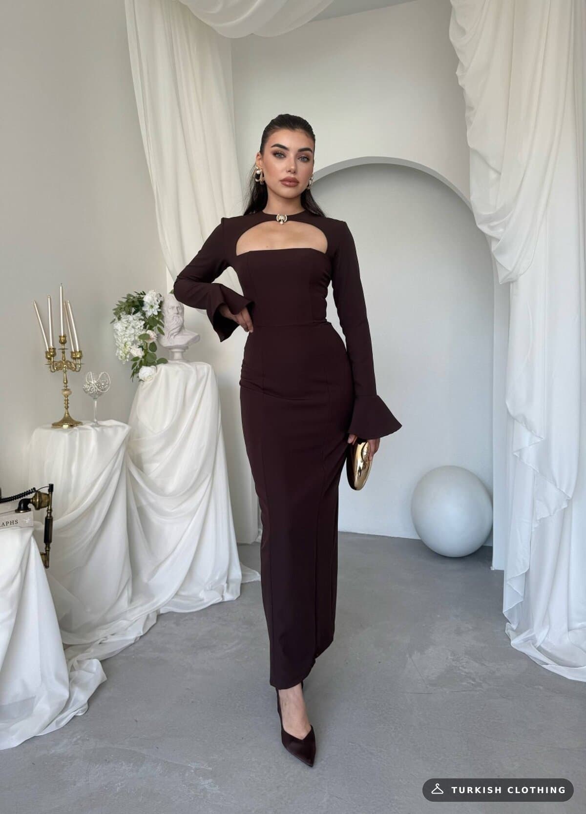 Oplsa Brooch Detailed Dress — Brown in Satin – side view, wholesale Women's Dresses from Türkiye